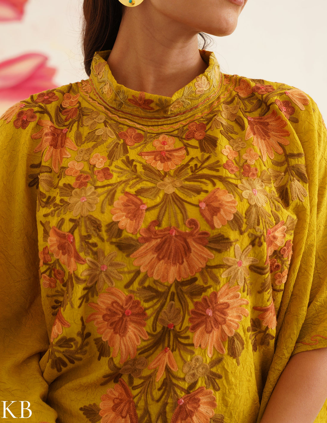 Olive Green Cotton Kaftan Dress | Pink Floral Aari Embroidery | Summer Ethnic Wear - Kashmir Box