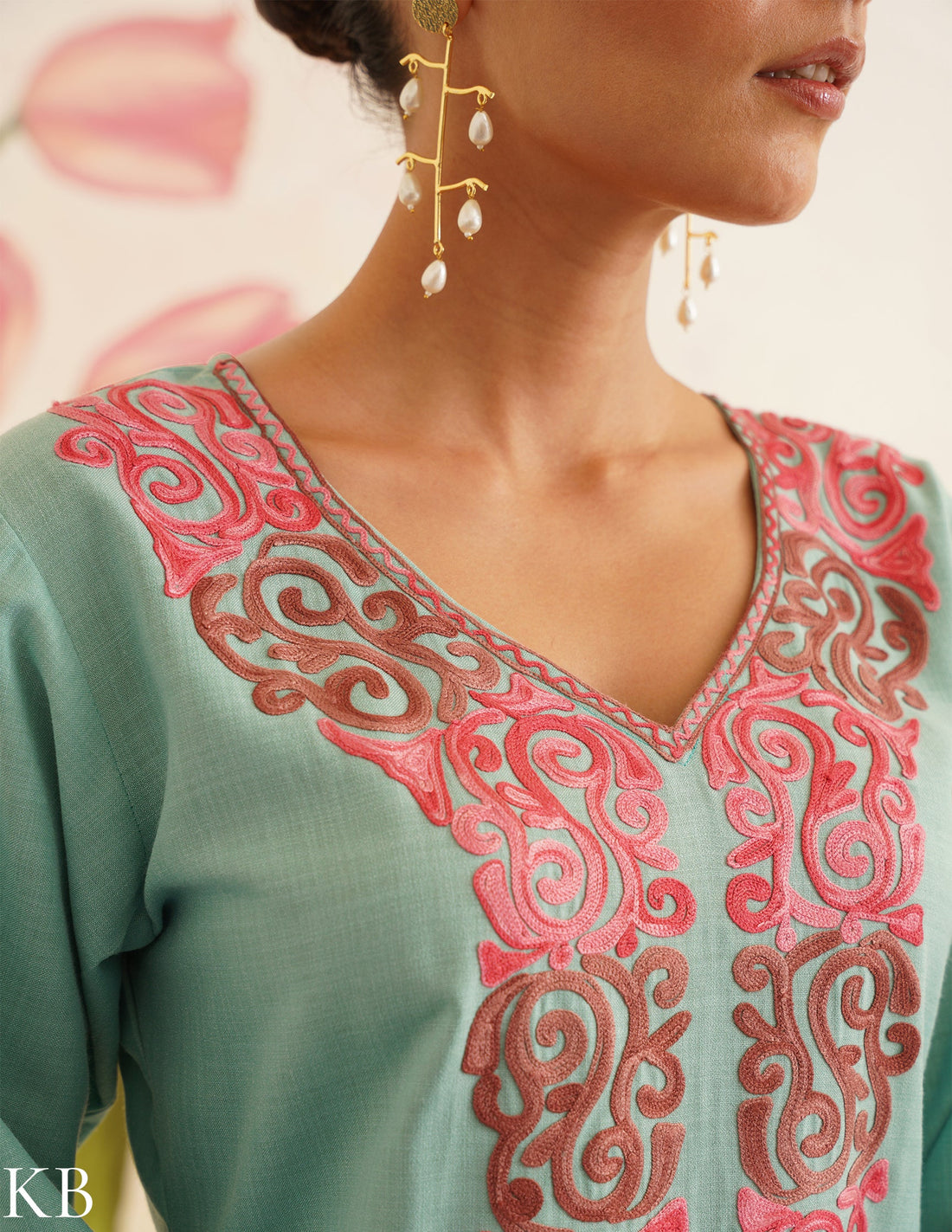 Sea Green Cotton Coordset with Pink Floral Embroidery | Bahaar Collection 2025 - Kashmir Box