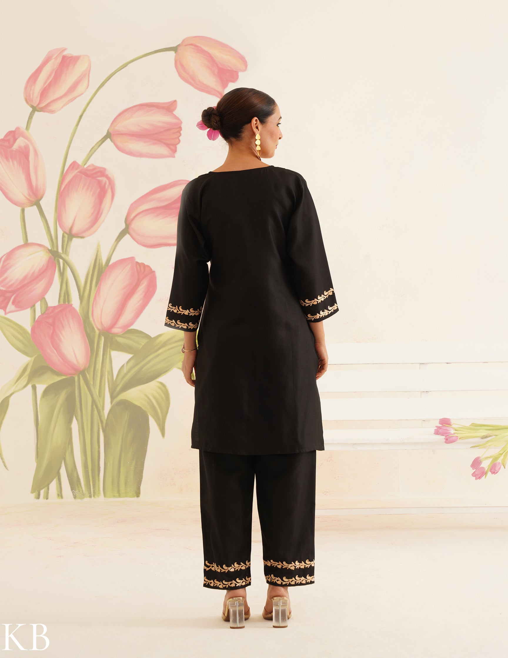 Black Cotton Coordset with Beige Floral Embroidery | Bahaar Collection 2025