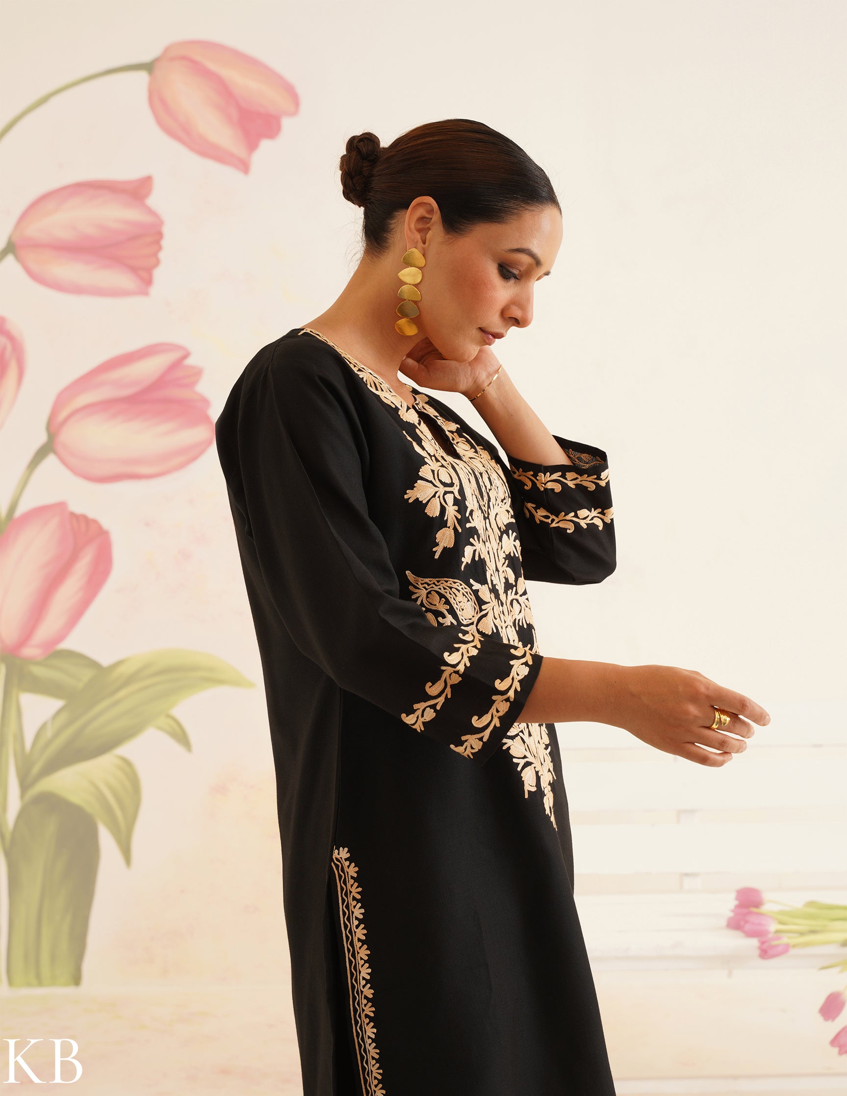Black Cotton Coordset with Beige Floral Embroidery | Bahaar Collection 2025