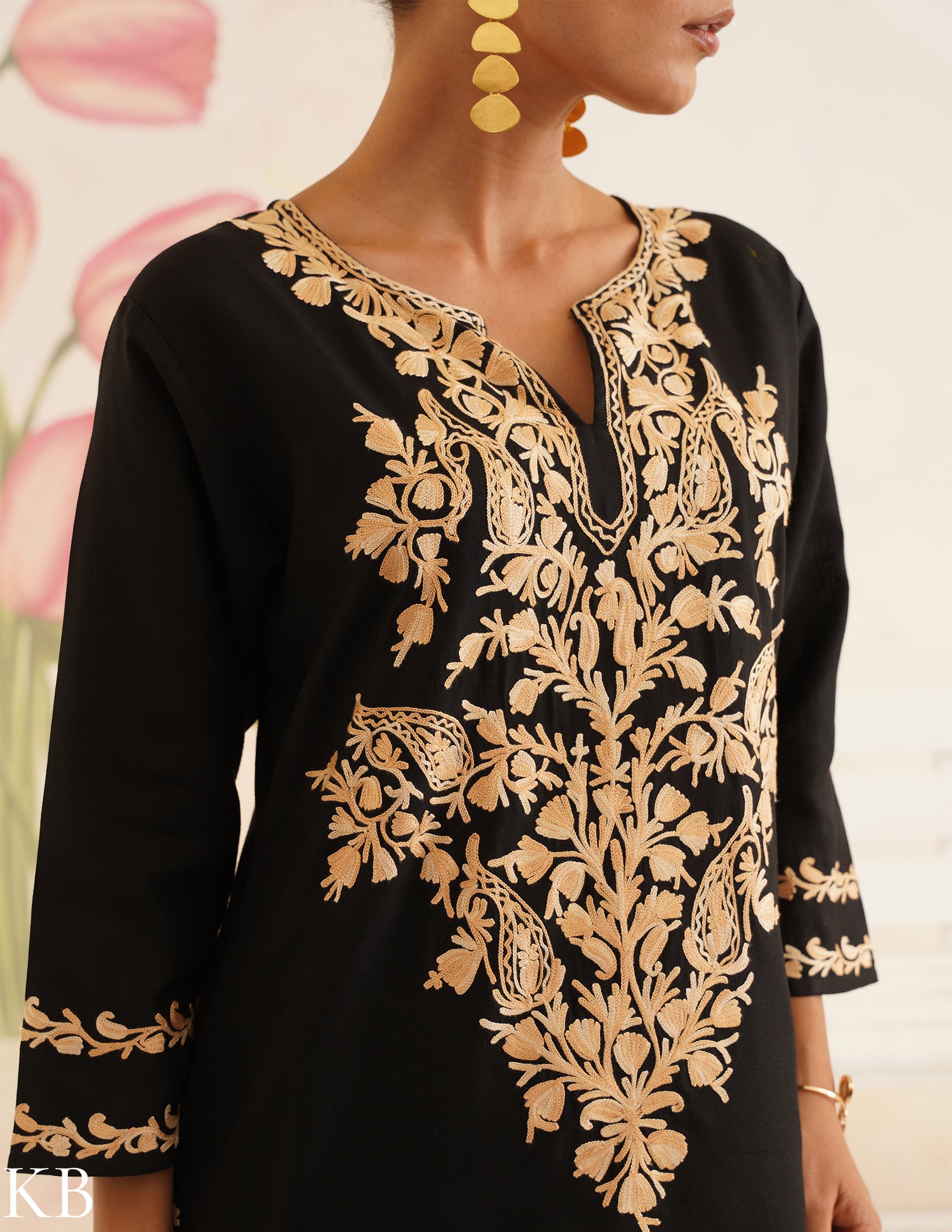 Black Cotton Coordset with Beige Floral Embroidery | Bahaar Collection 2025