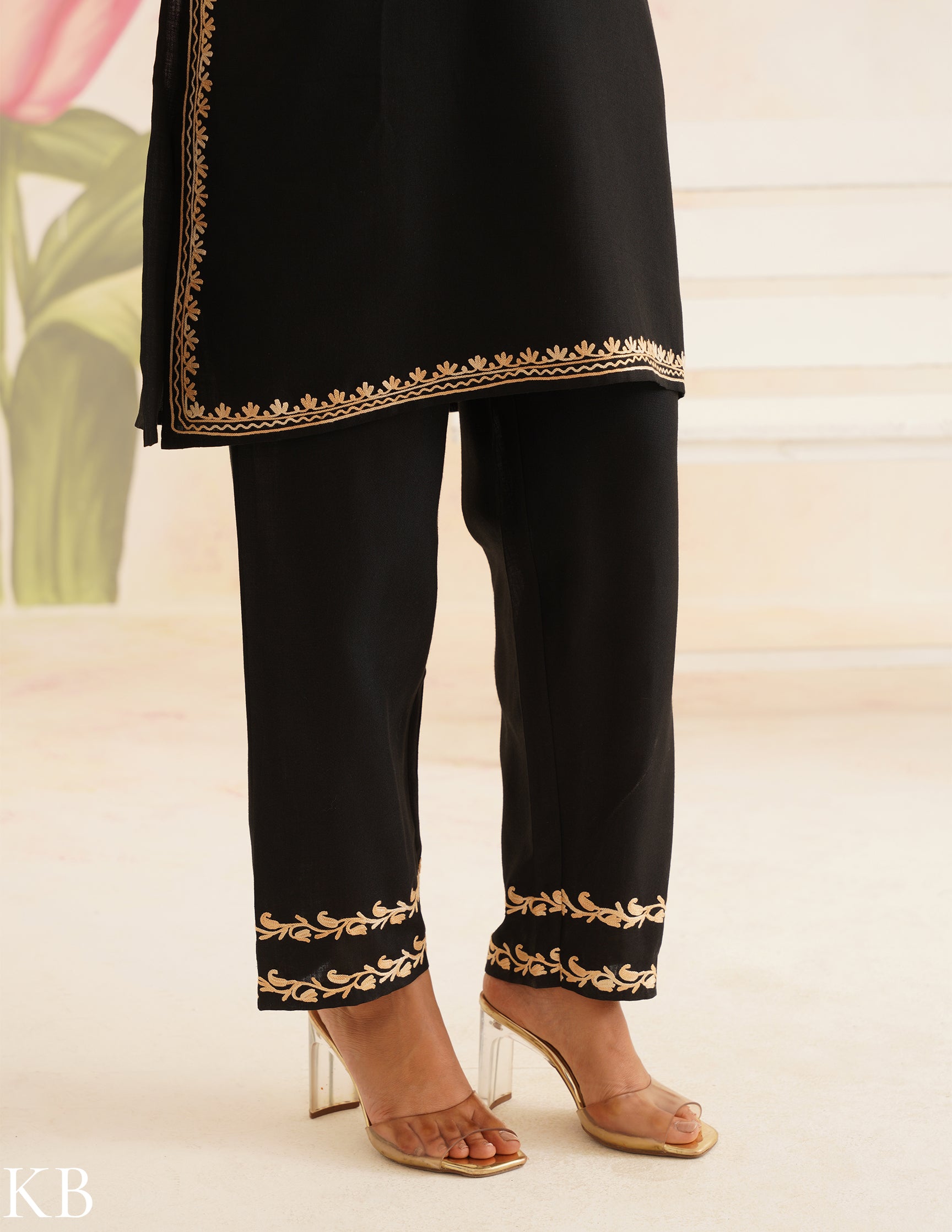 Black Cotton Coordset with Beige Floral Embroidery | Bahaar Collection 2025