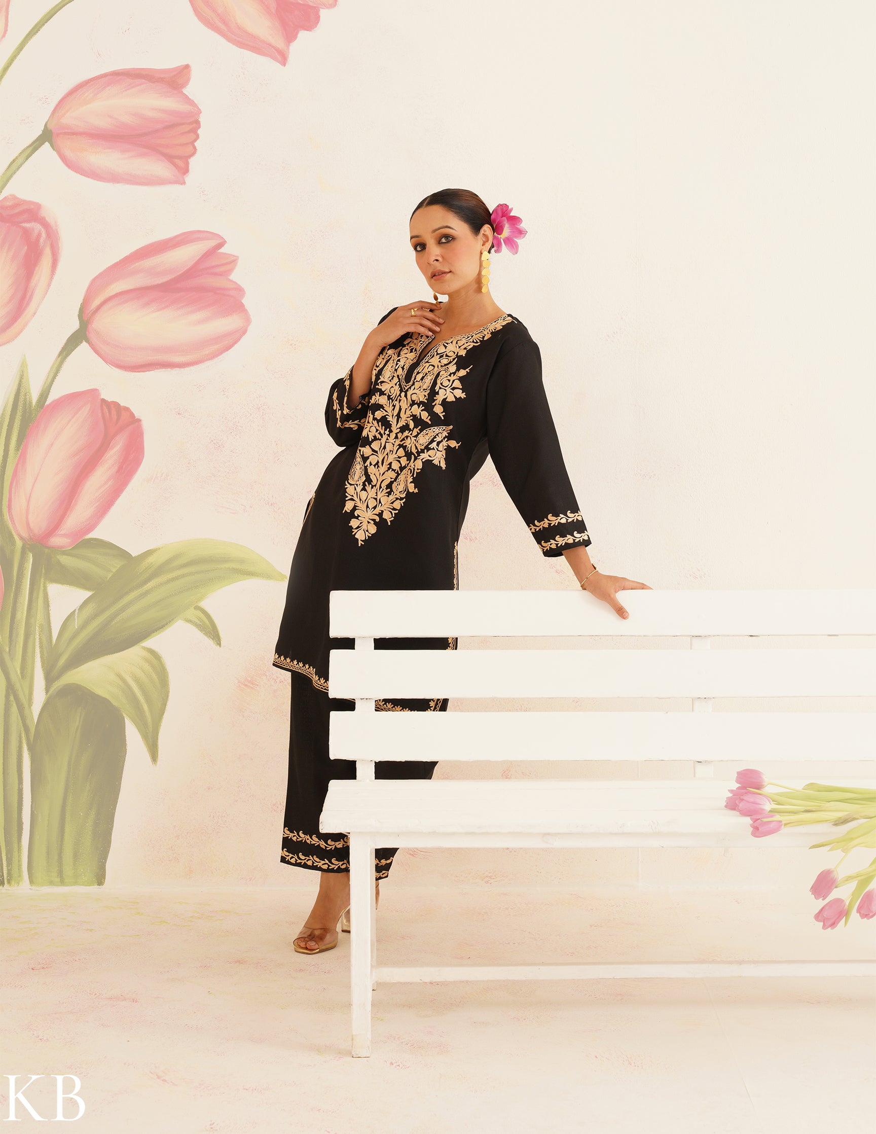 Black Cotton Coordset with Beige Floral Embroidery | Bahaar Collection 2025