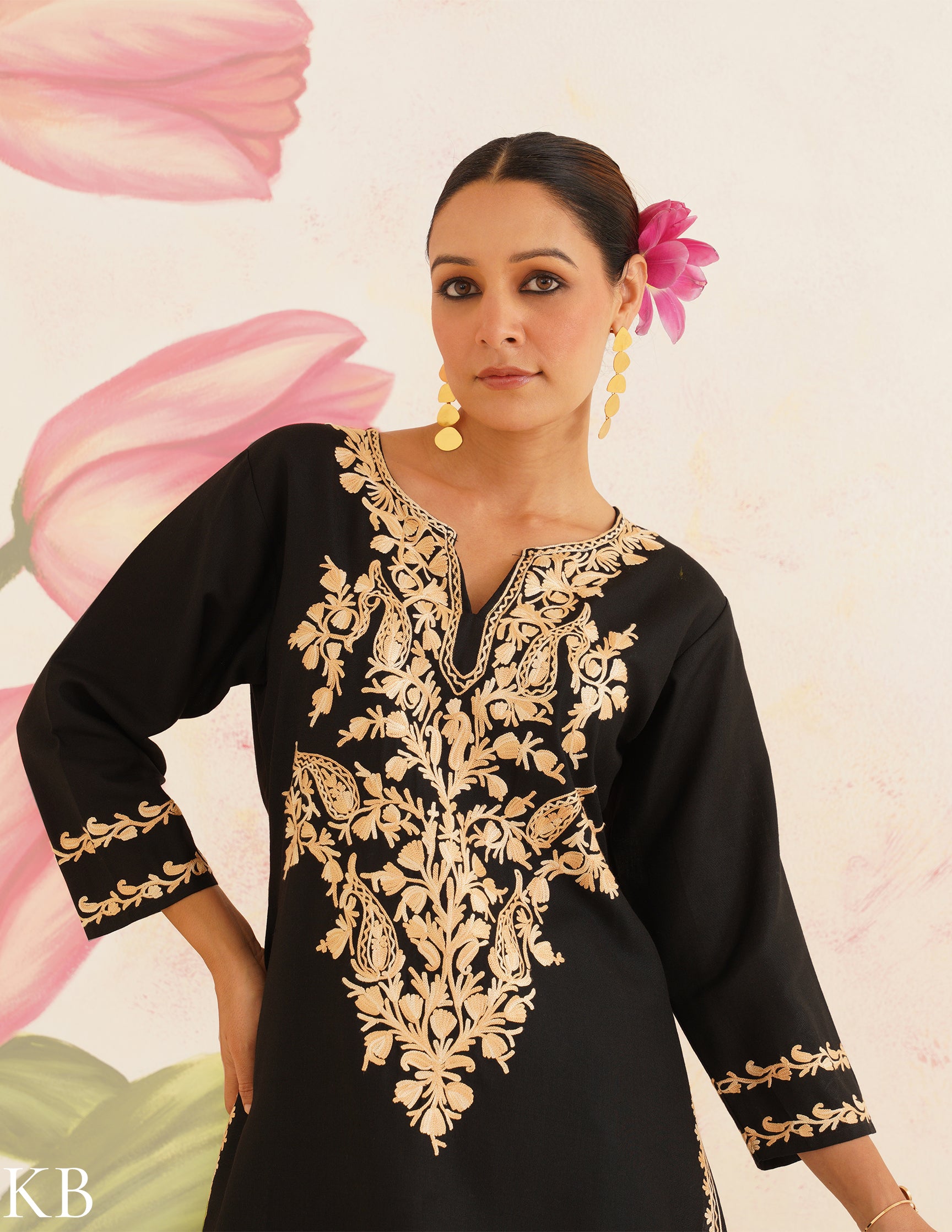 Black Cotton Coordset with Beige Floral Embroidery | Bahaar Collection 2025