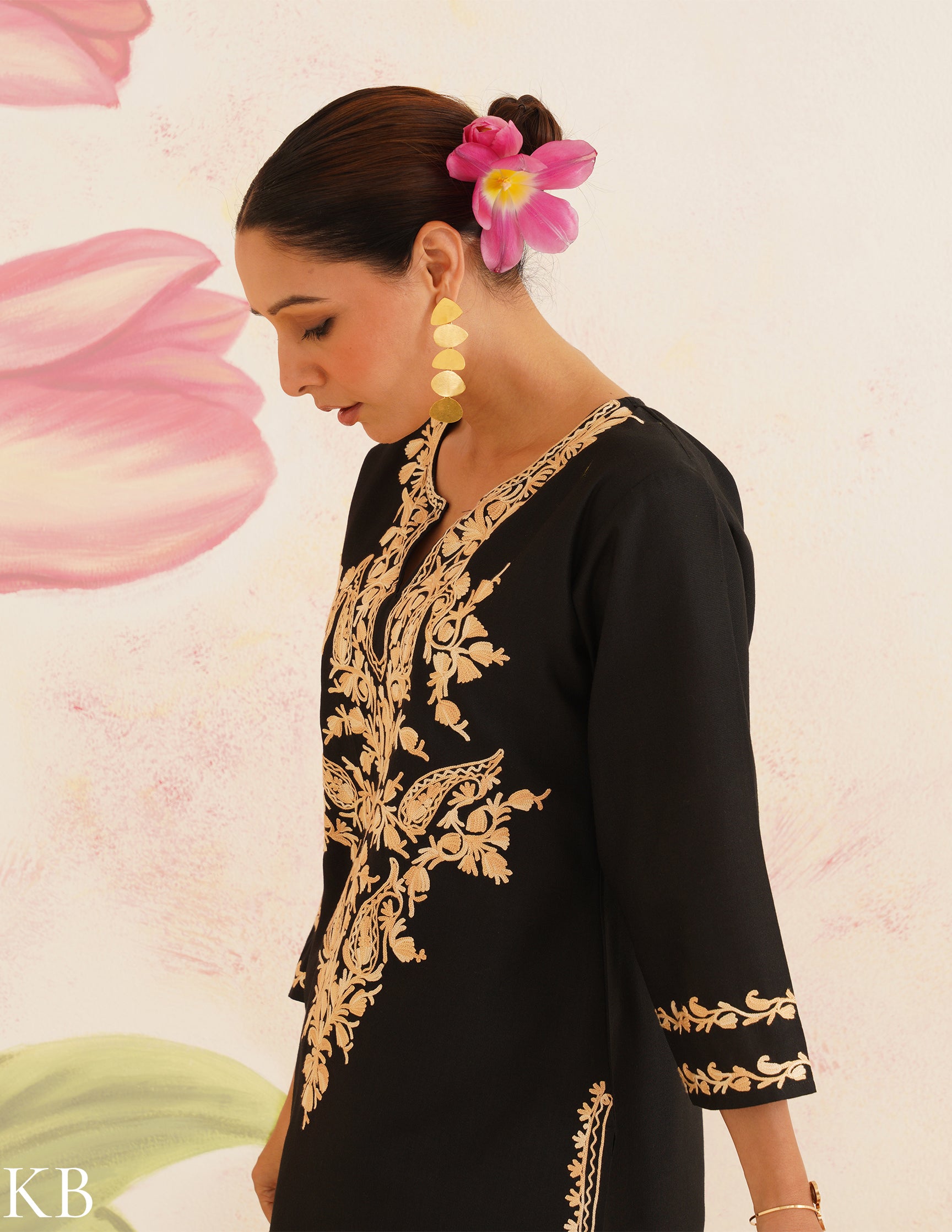 Black Cotton Coordset with Beige Floral Embroidery | Bahaar Collection 2025