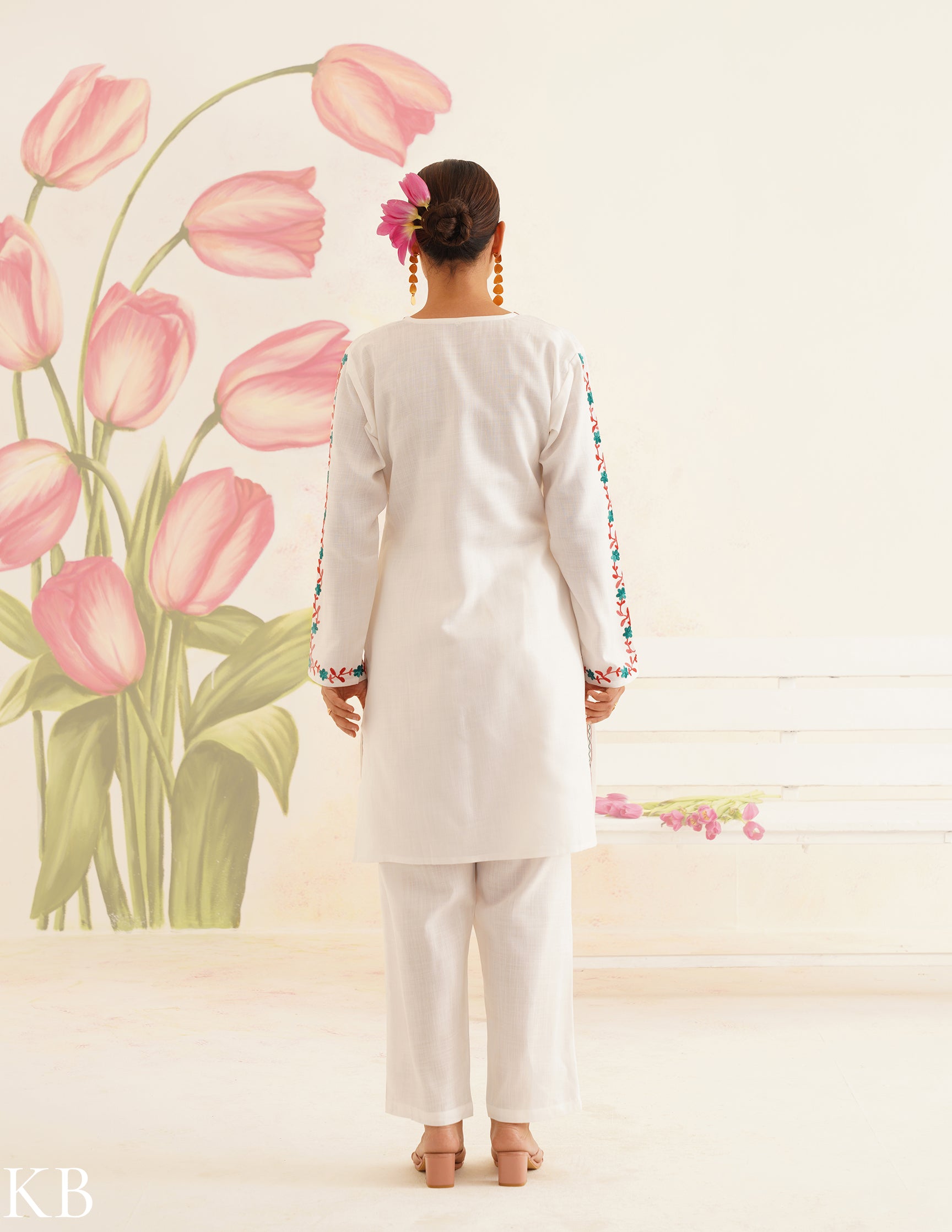 White Cotton Coordset with Red and Green Embroidery | Bahaar Collection 2025