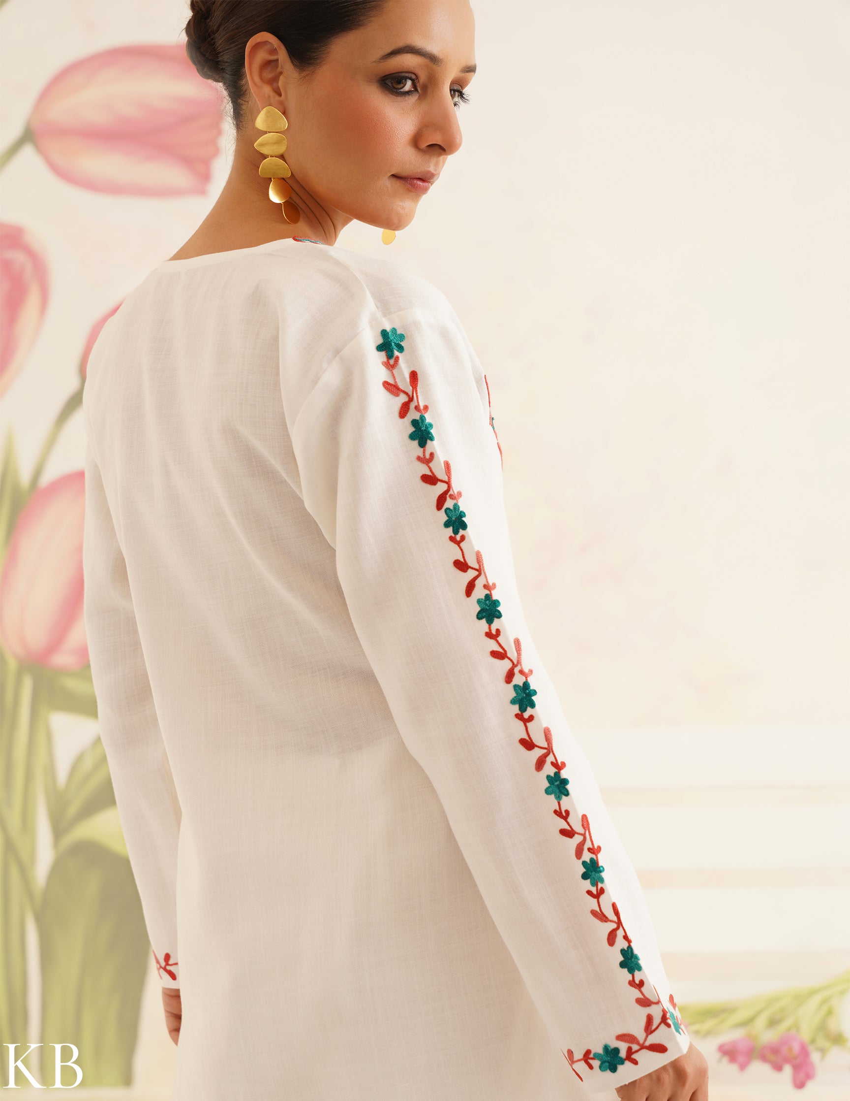 White Cotton Coordset with Red and Green Embroidery | Bahaar Collection 2025