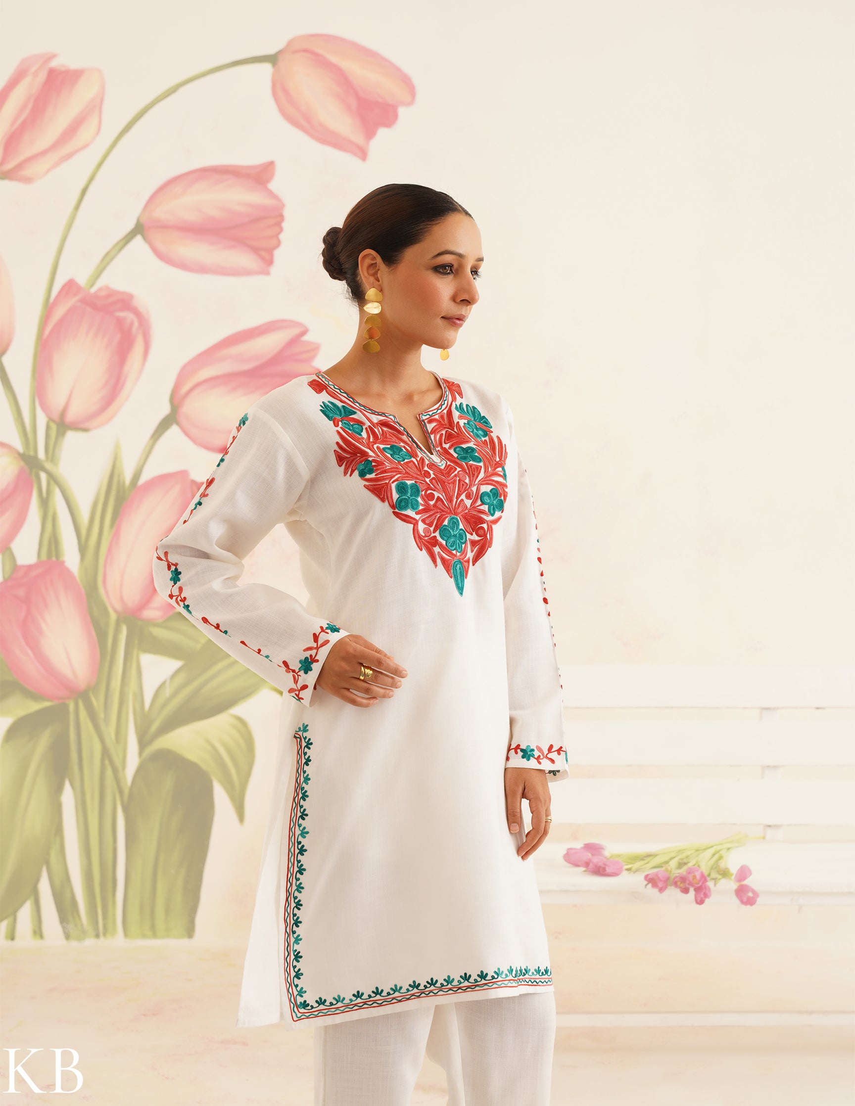 White Cotton Coordset with Red and Green Embroidery | Bahaar Collection 2025