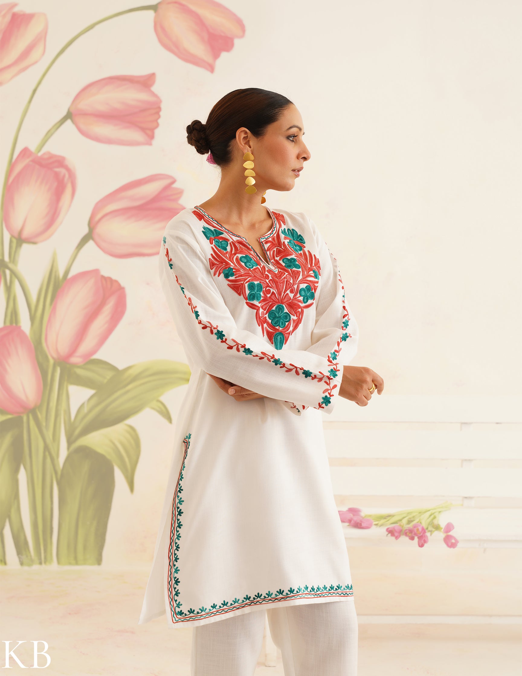 White Cotton Coordset with Red and Green Embroidery | Bahaar Collection 2025