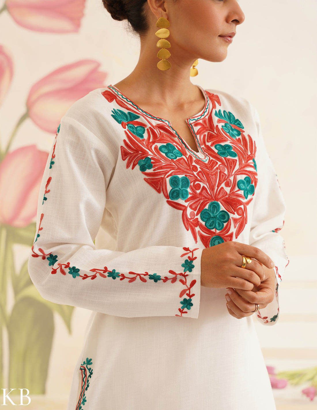 White Cotton Coordset with Red and Green Embroidery | Bahaar Collection 2025