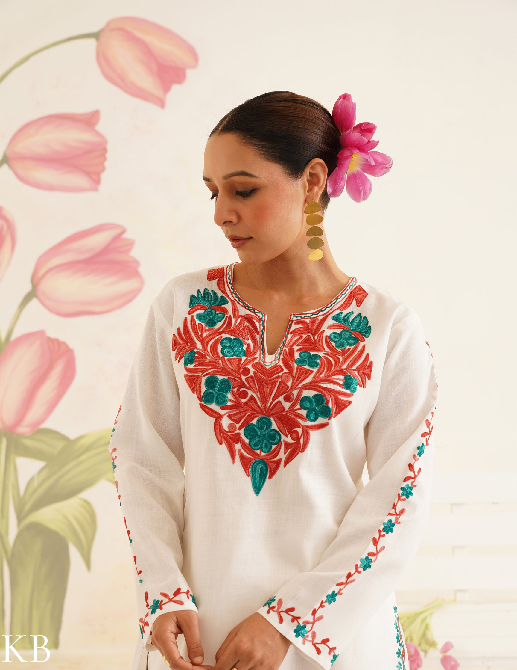 White Cotton Coordset with Red and Green Embroidery | Bahaar Collection 2025