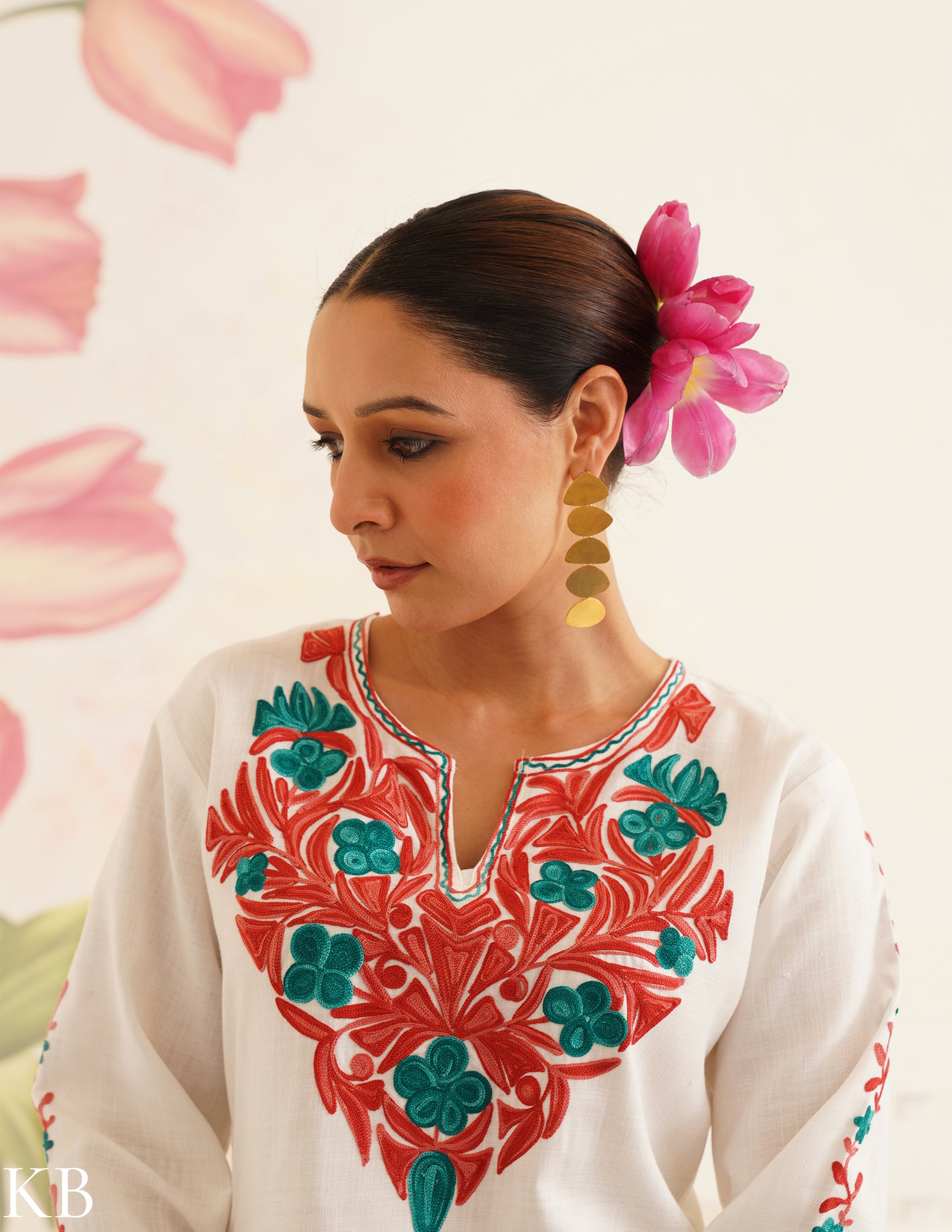 White Cotton Coordset with Red and Green Embroidery | Bahaar Collection 2025