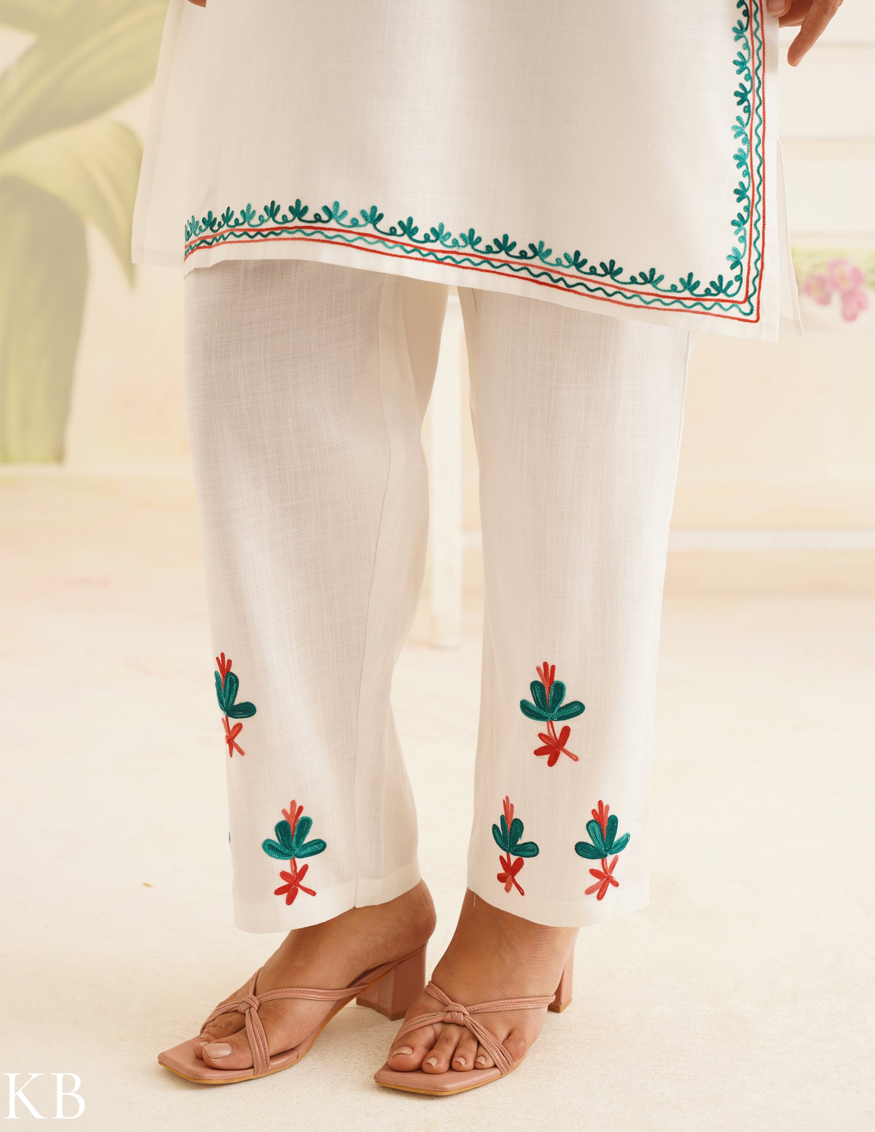 White Cotton Coordset with Red and Green Embroidery | Bahaar Collection 2025