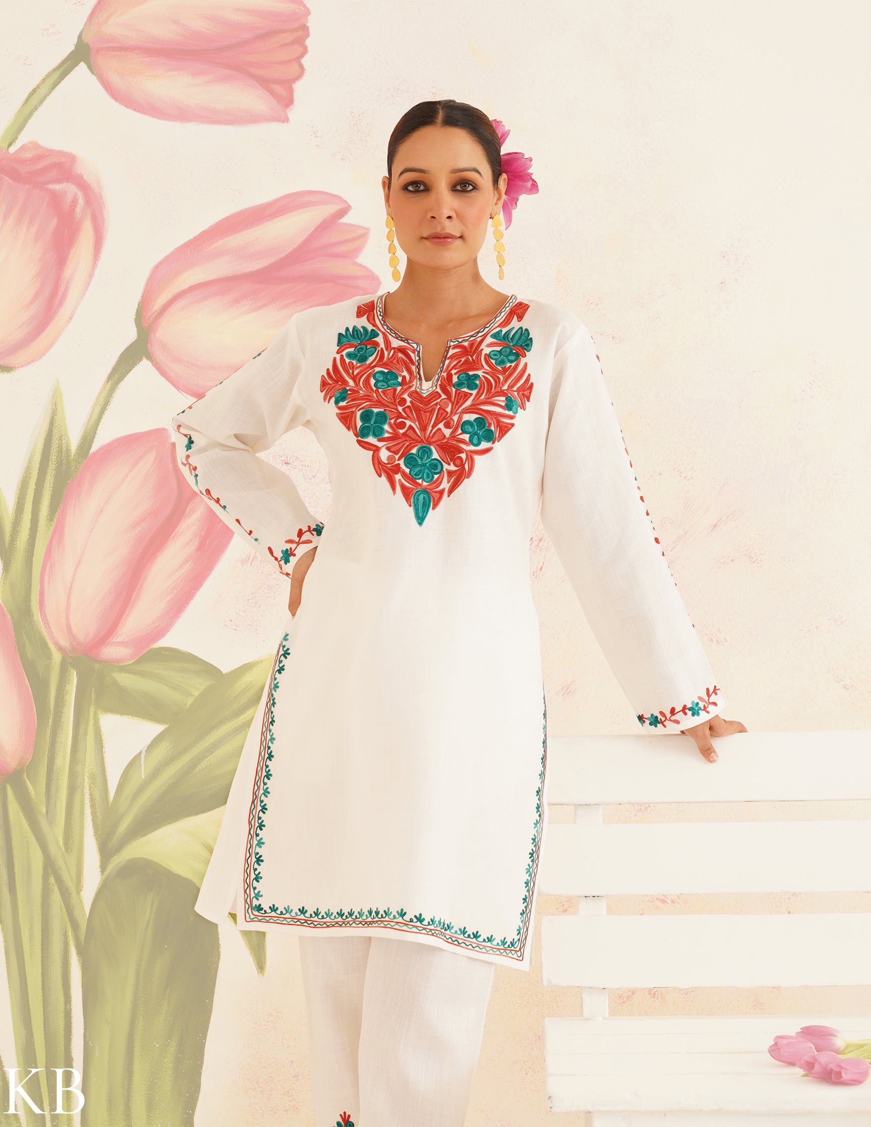 White Cotton Coordset with Red and Green Embroidery | Bahaar Collection 2025