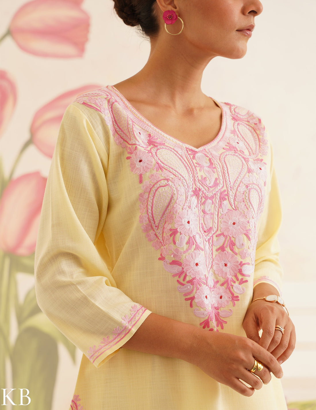 Lemon Yellow Coordset with Pink Embroidery | Bahaar Collection 2025 - Kashmir Box