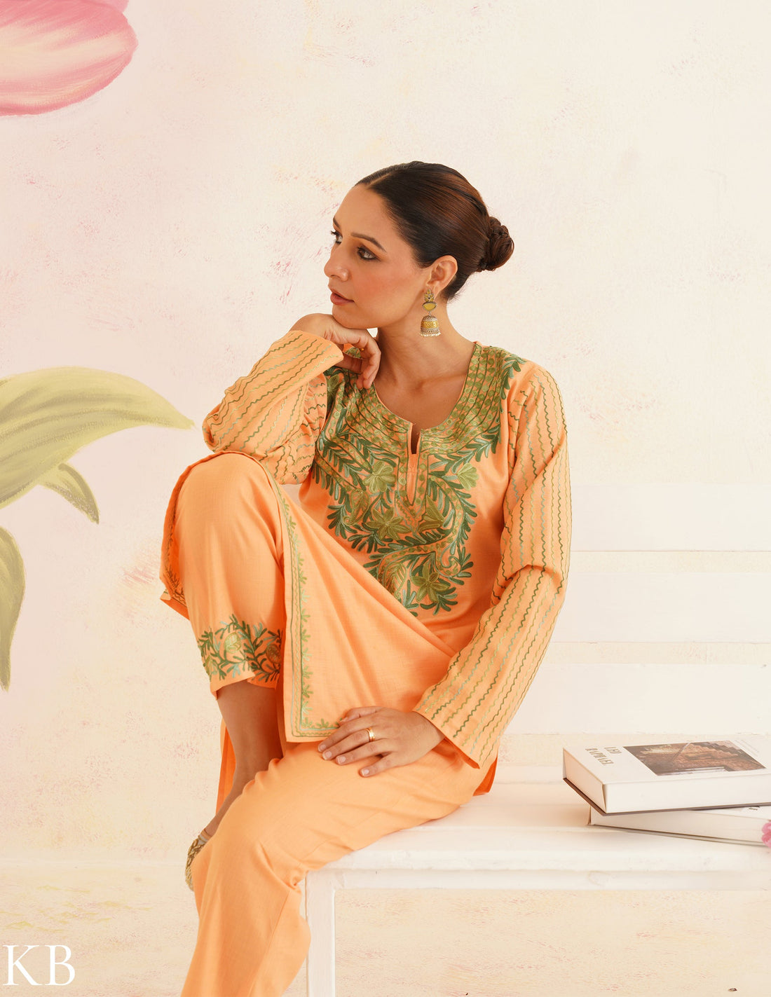 Peach Cotton Coordset with Olive Green Embroidery | Bahaar Collection 2025 - Kashmir Box