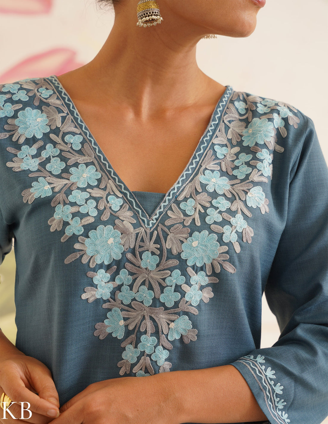 Slate Blue Cotton Coordset with Sky Blue Embroidery | Bahaar Collection 2025 - Kashmir Box