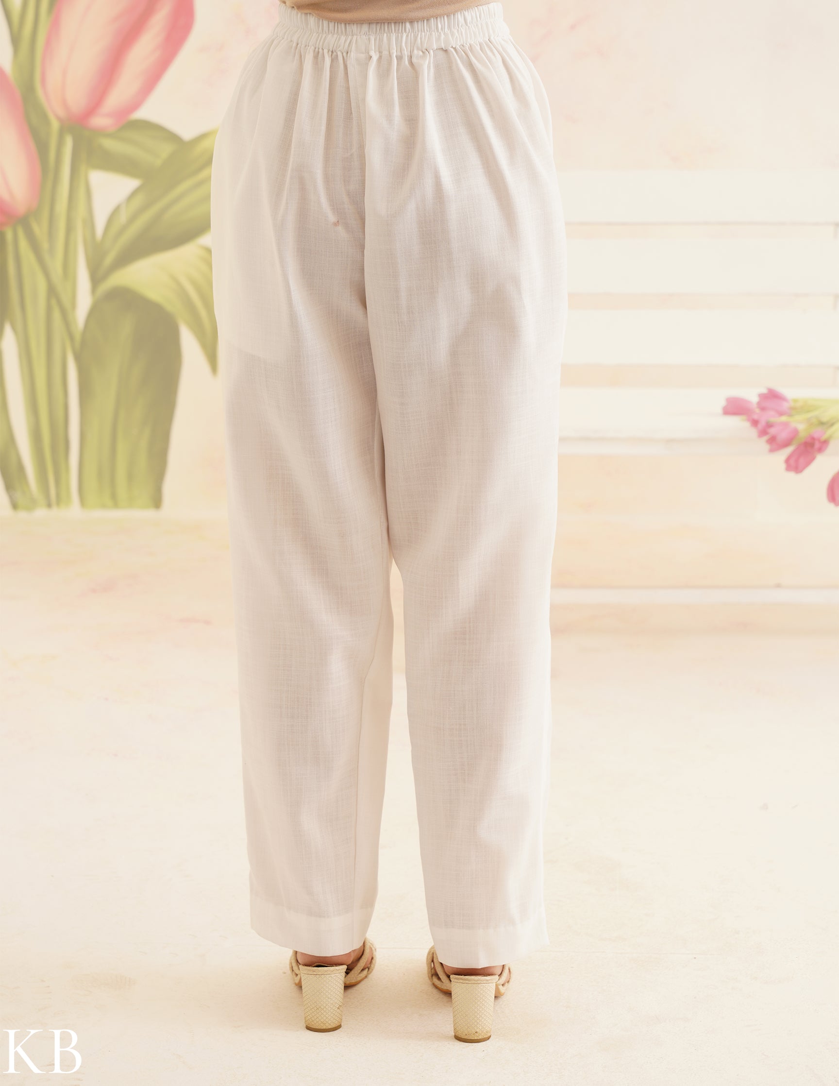 Peach Cotton Kurti with Sky Blue Embroidery and White Pants | Bahaar Collection 2025 - Kashmir Box