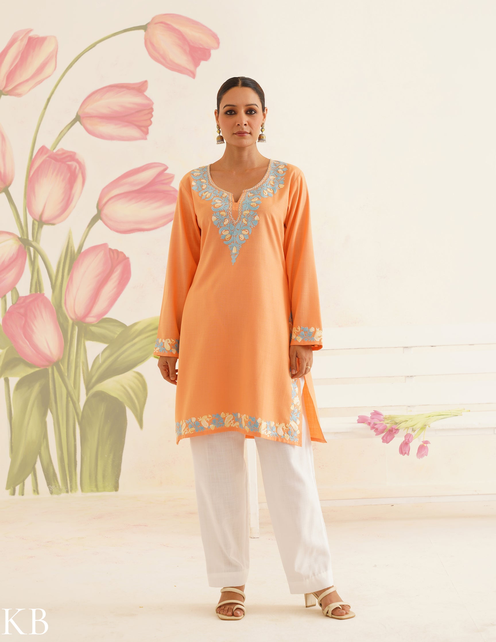 Peach Cotton Kurti with Sky Blue Embroidery and White Pants | Bahaar Collection 2025 - Kashmir Box