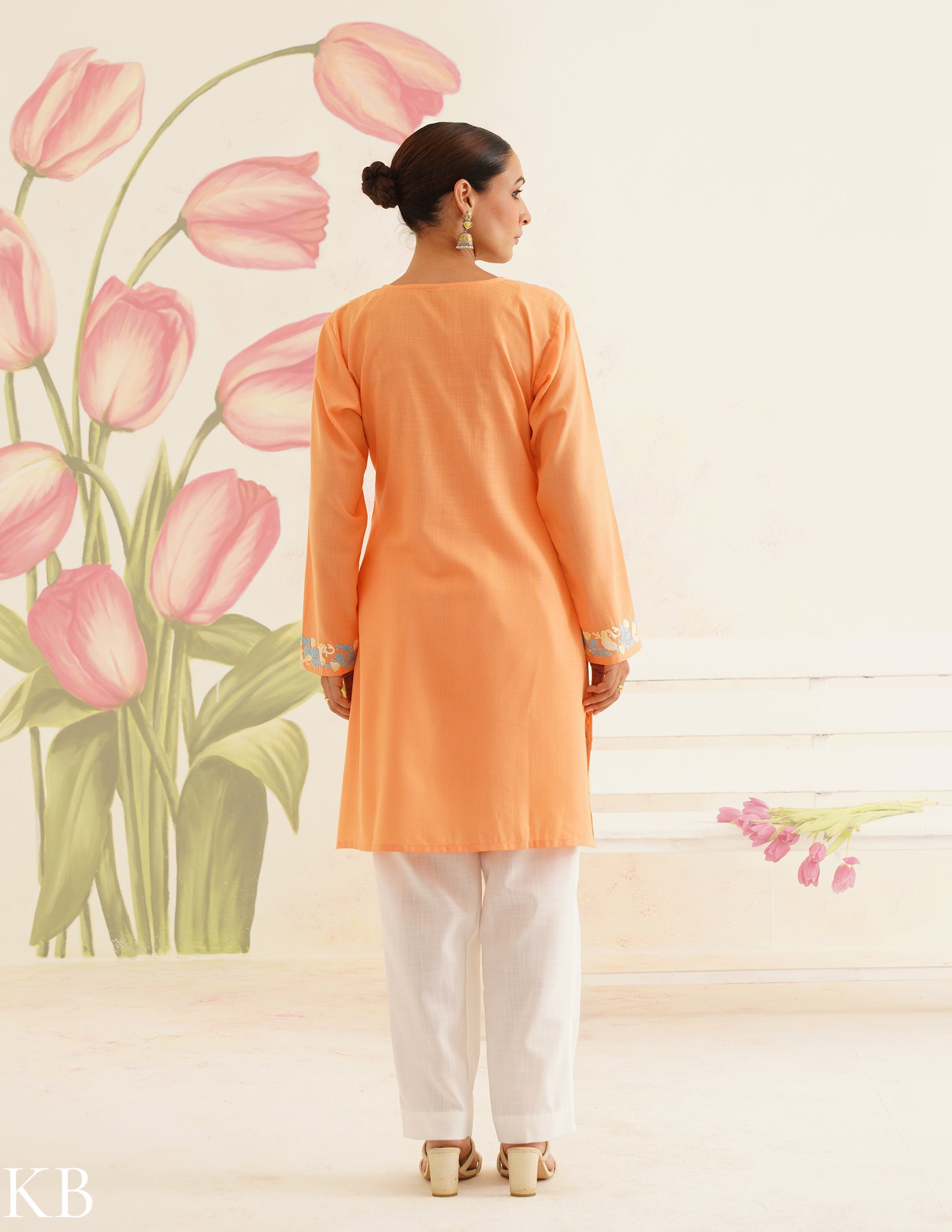 Peach Cotton Kurti with Sky Blue Embroidery and White Pants | Bahaar Collection 2025 - Kashmir Box