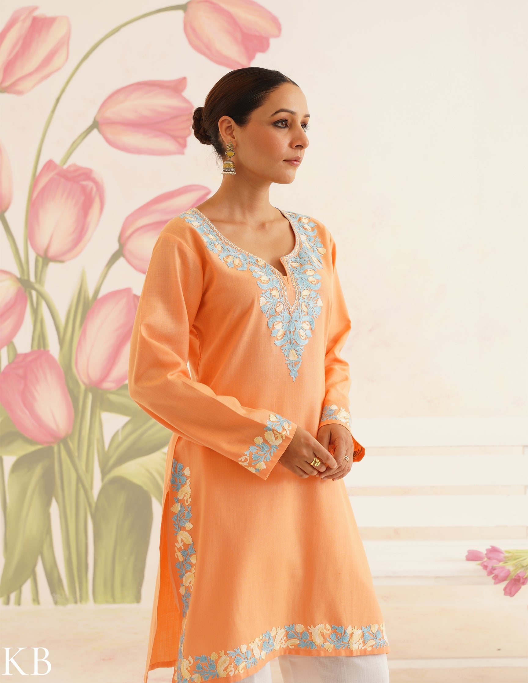 Peach Cotton Kurti with Sky Blue Embroidery and White Pants | Bahaar Collection 2025 - Kashmir Box