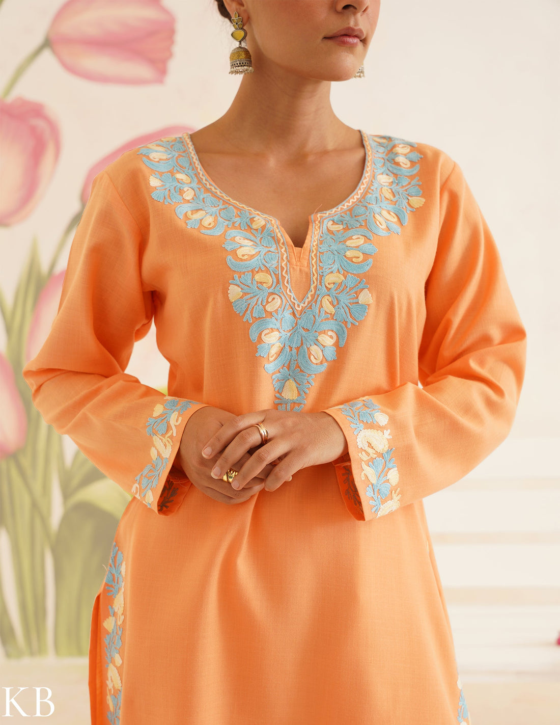 Peach Cotton Kurti with Sky Blue Embroidery and White Pants | Bahaar Collection 2025 - Kashmir Box