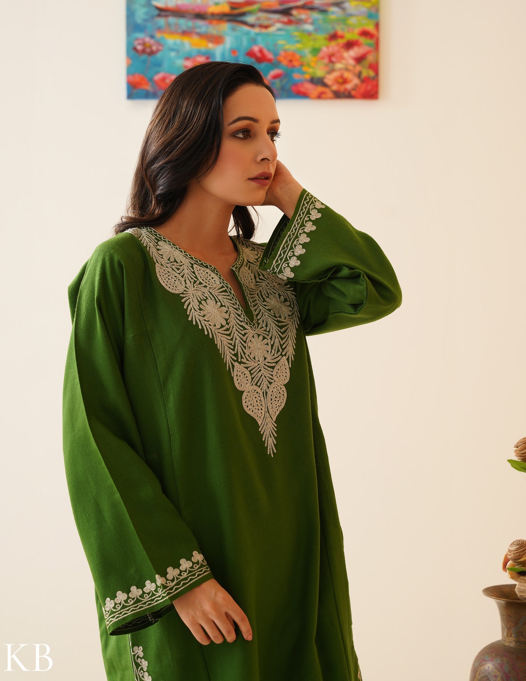 Rang-e-Khizan Forest Green Zari Gold Phiran - Kashmir Box
