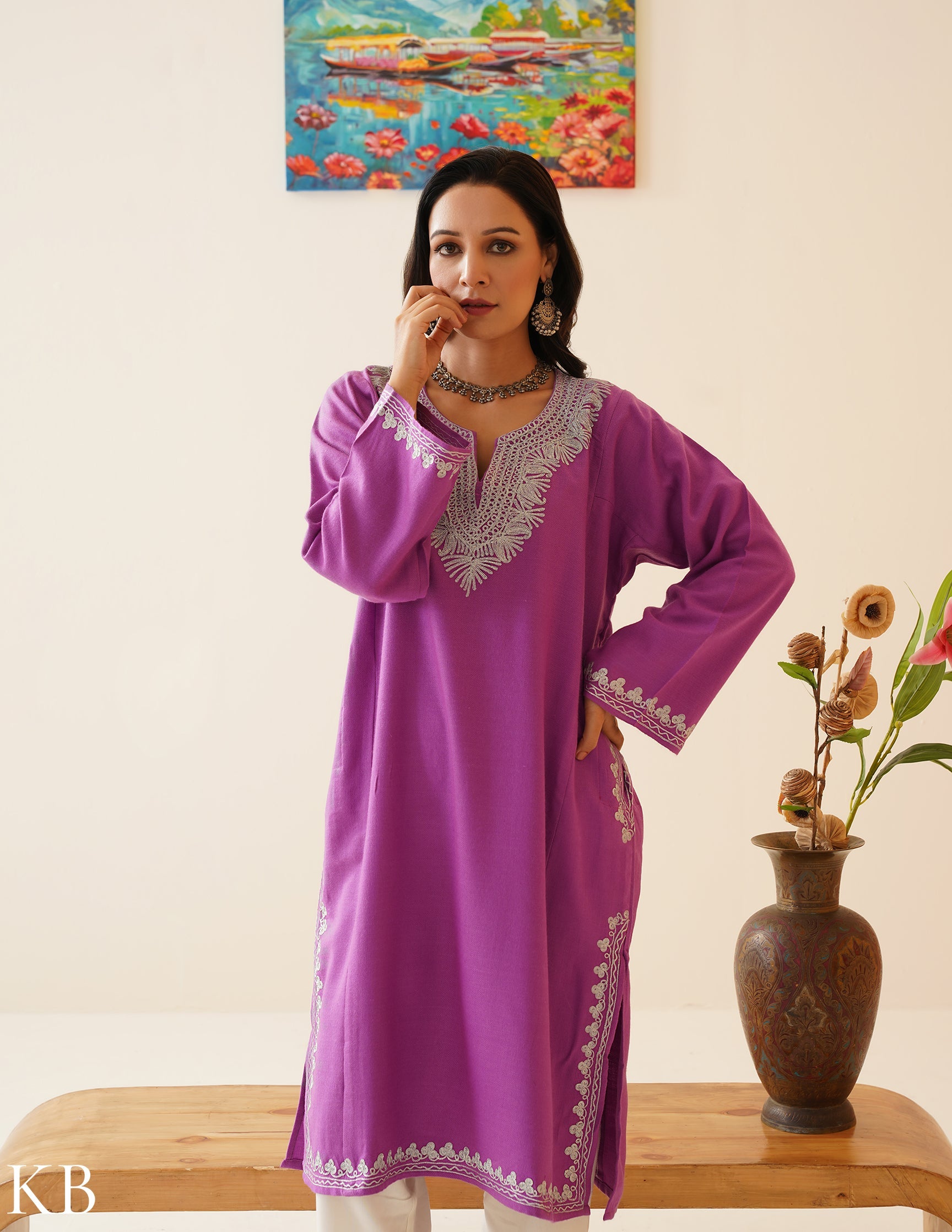 Rang-e-Khizan Orchid Paisley Zari Phiran - Kashmir Box