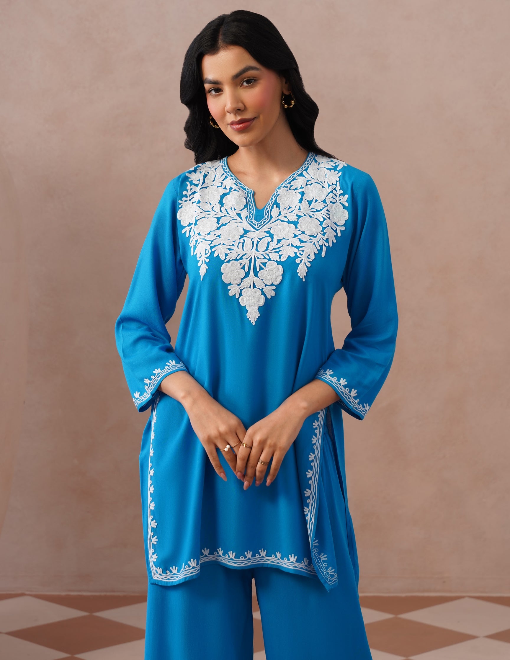 Blue Rayon Coordset – White Aari Embroidery | Office & Casual Ethnic Wear - Kashmir Box