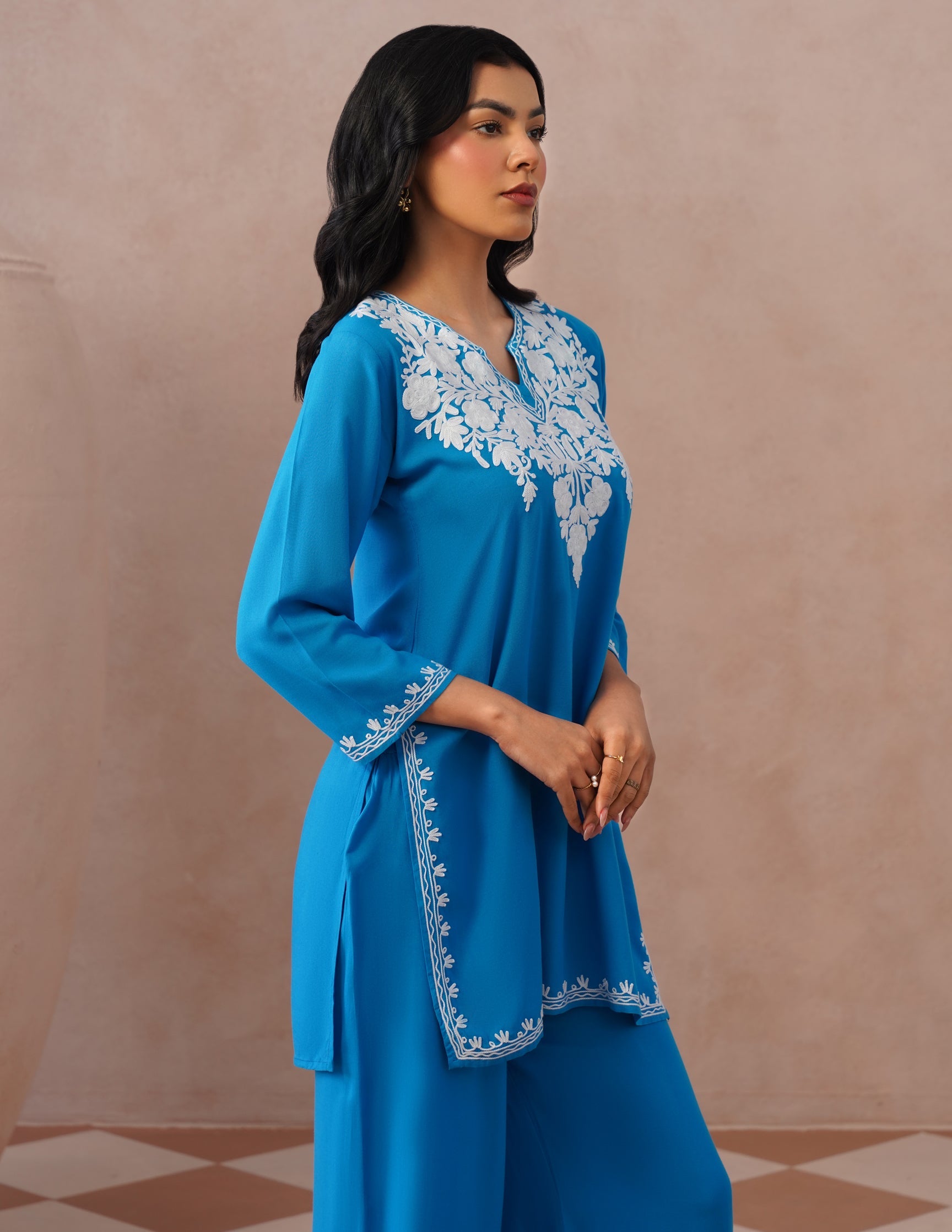Blue Rayon Coordset – White Aari Embroidery | Office & Casual Ethnic Wear - Kashmir Box
