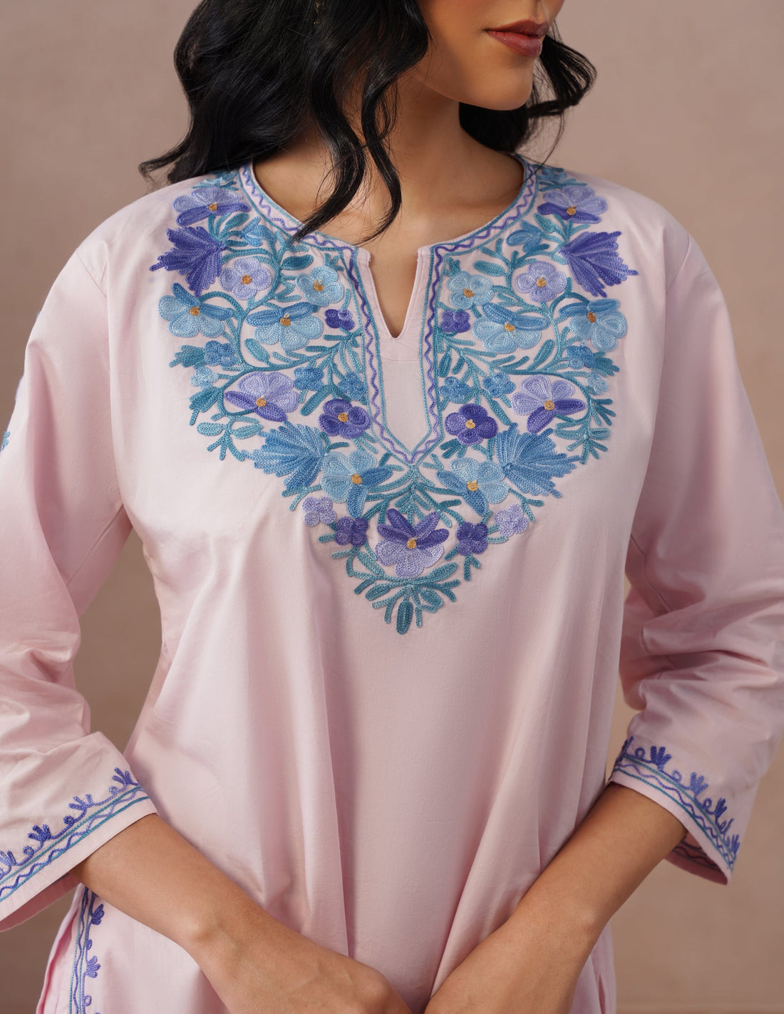 Light Pink Poplin Coordset – Blue Aari Embroidery | Everyday Ethnic Wear - Kashmir Box