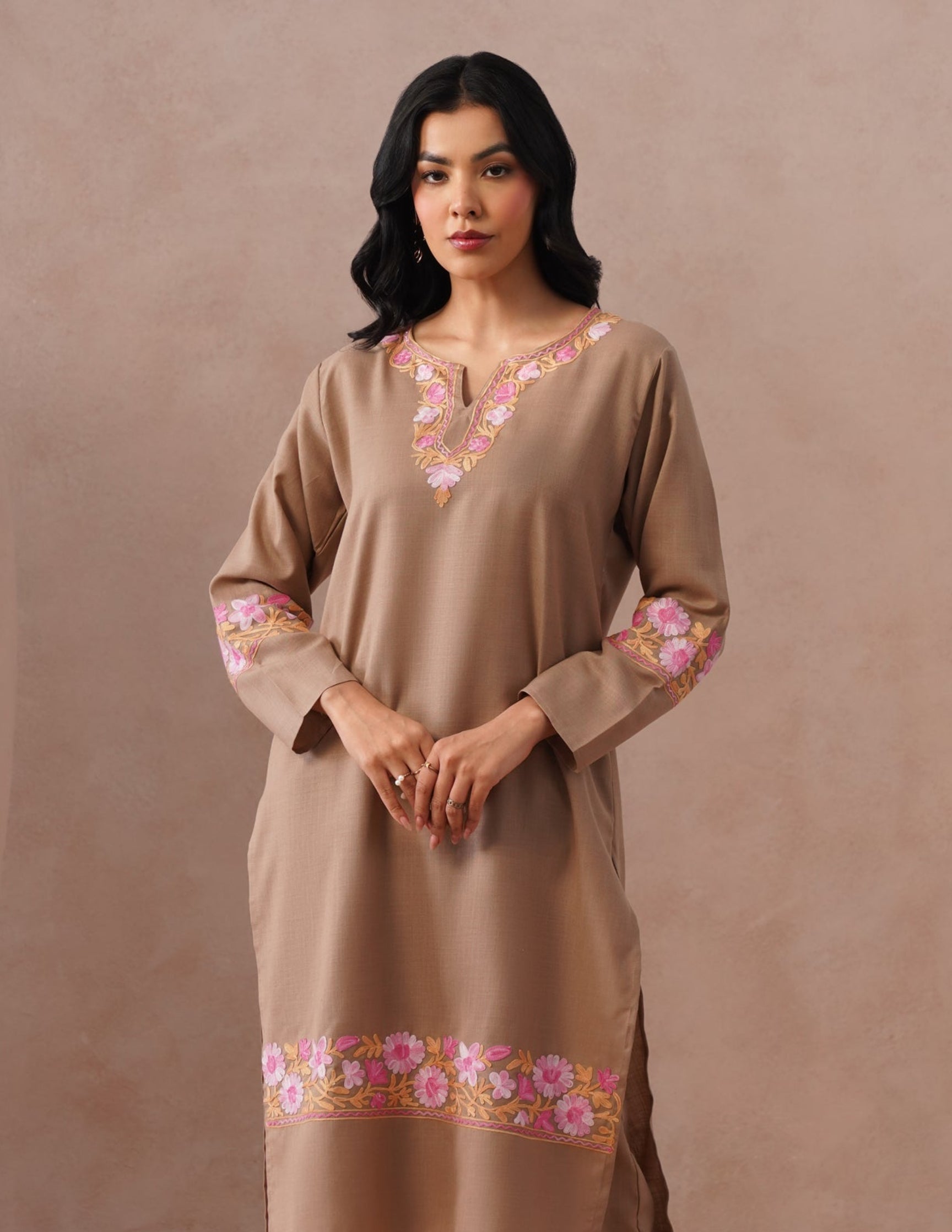 Fawn Cotton Coordset – Tonal Pink Aari Embroidery | Everyday Ethnic Wear - Kashmir Box