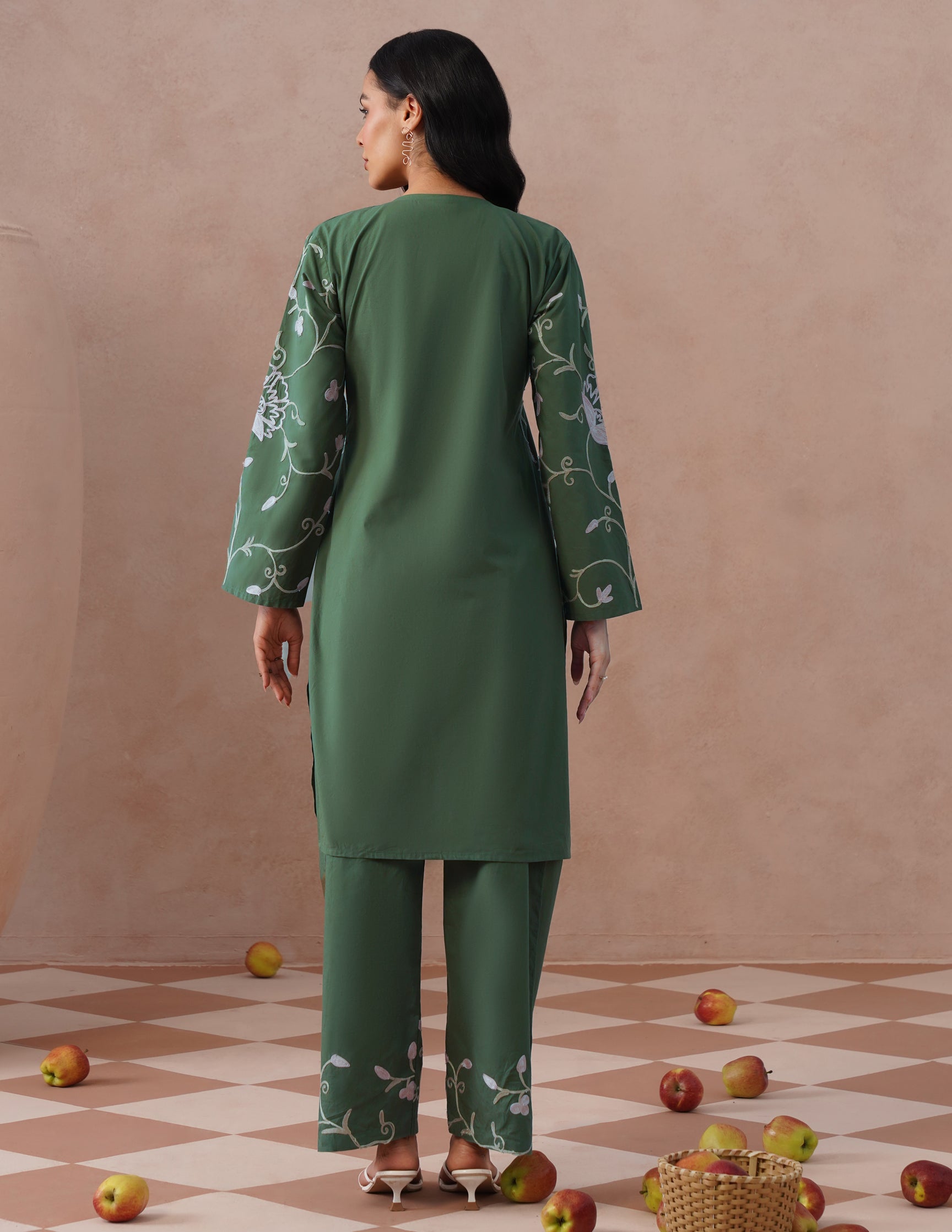 Olive Green Poplin Coordset – Pink & Fawn Aari Embroidery | Casual Ethnic Wear - Kashmir Box