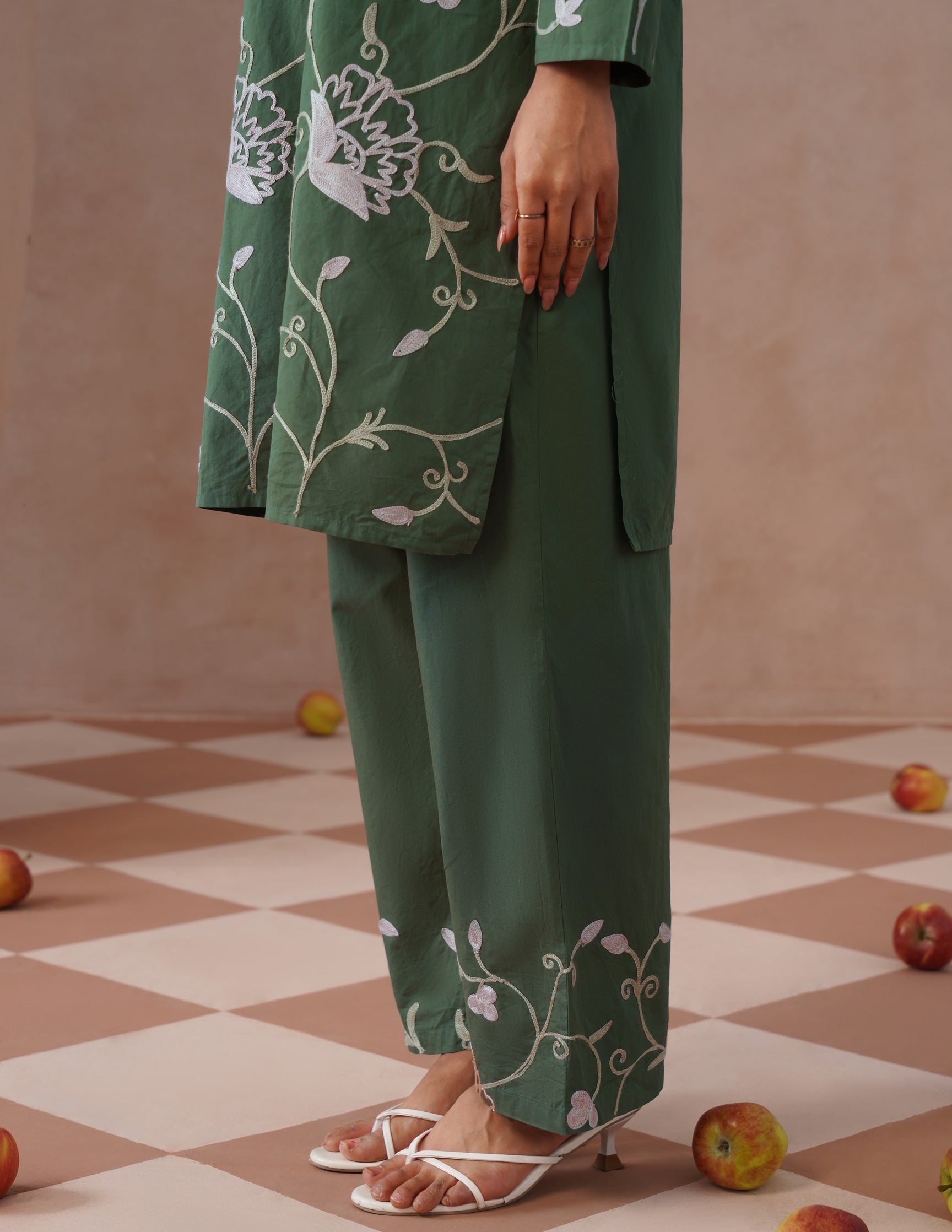 Olive Green Poplin Coordset – Pink & Fawn Aari Embroidery | Casual Ethnic Wear - Kashmir Box