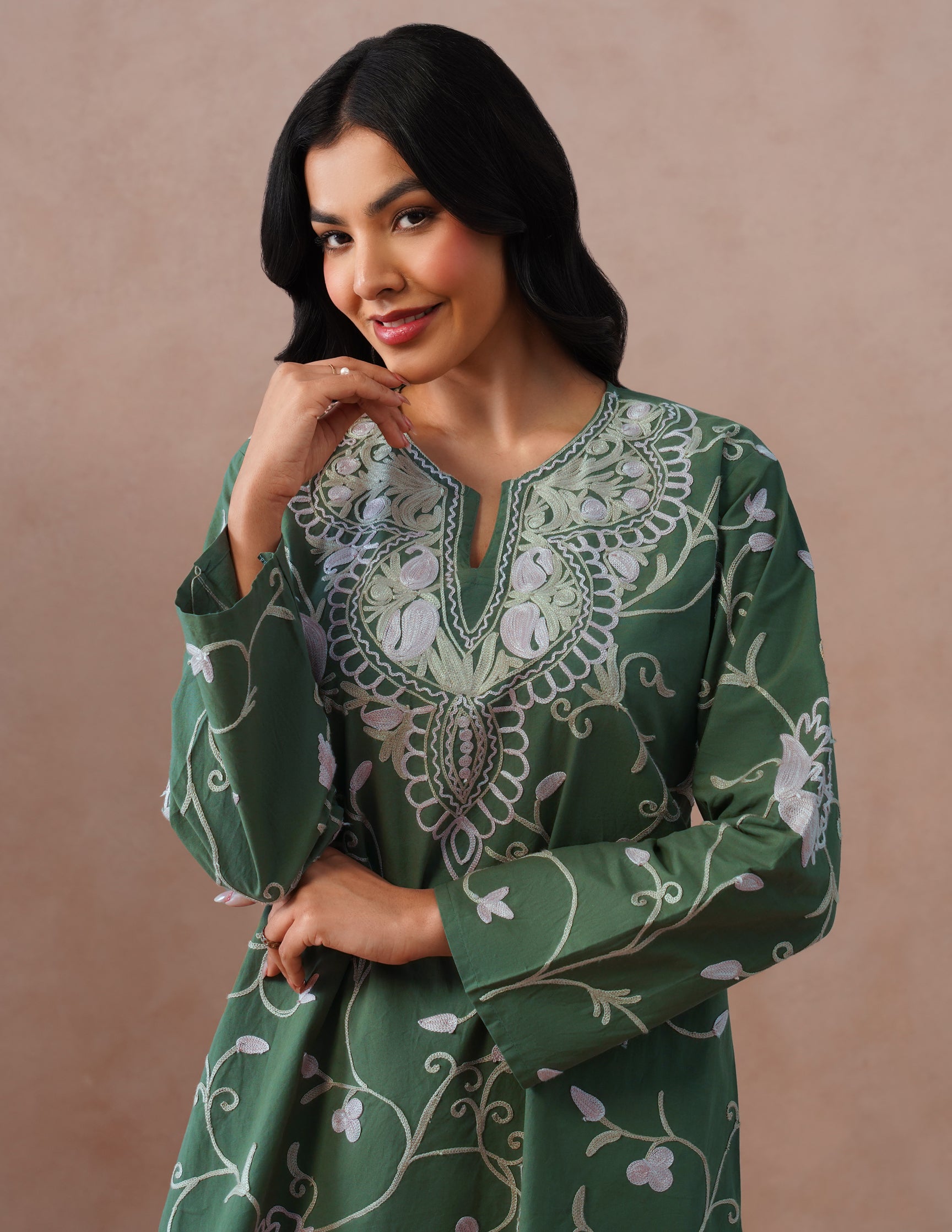 Olive Green Poplin Coordset – Pink & Fawn Aari Embroidery | Casual Ethnic Wear - Kashmir Box