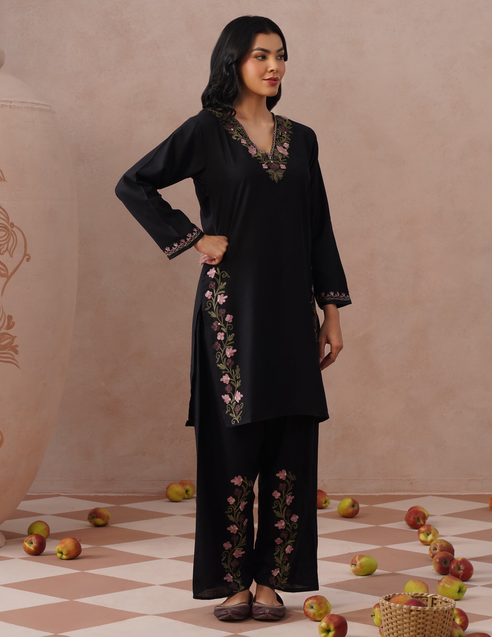 Black Cotton Coordset – Lavender & Green Aari Embroidery | Office Ethnic Wear - Kashmir Box