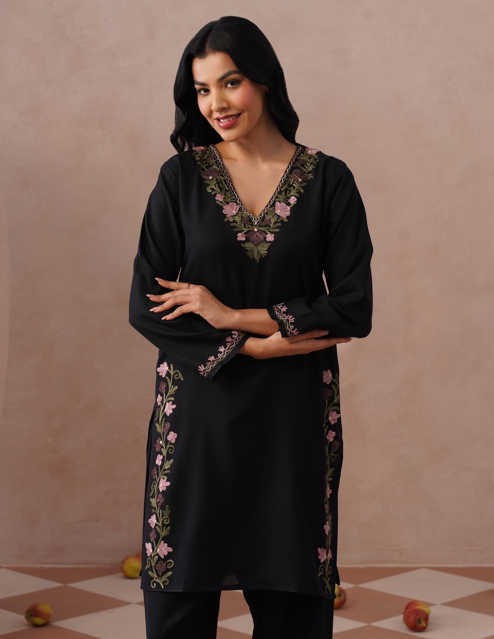 Black Cotton Coordset – Lavender & Green Aari Embroidery | Office Ethnic Wear - Kashmir Box