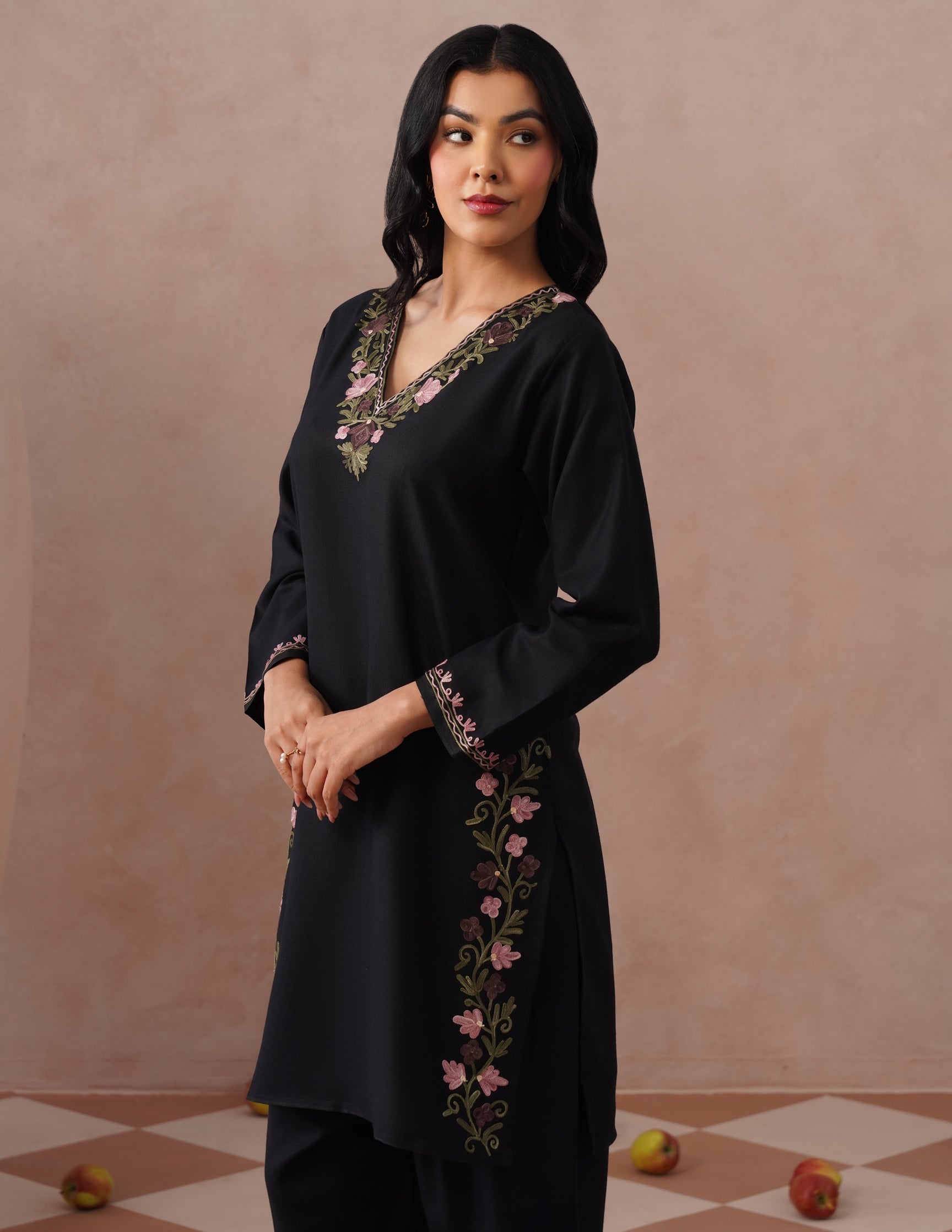 Black Cotton Coordset – Lavender & Green Aari Embroidery | Office Ethnic Wear - Kashmir Box