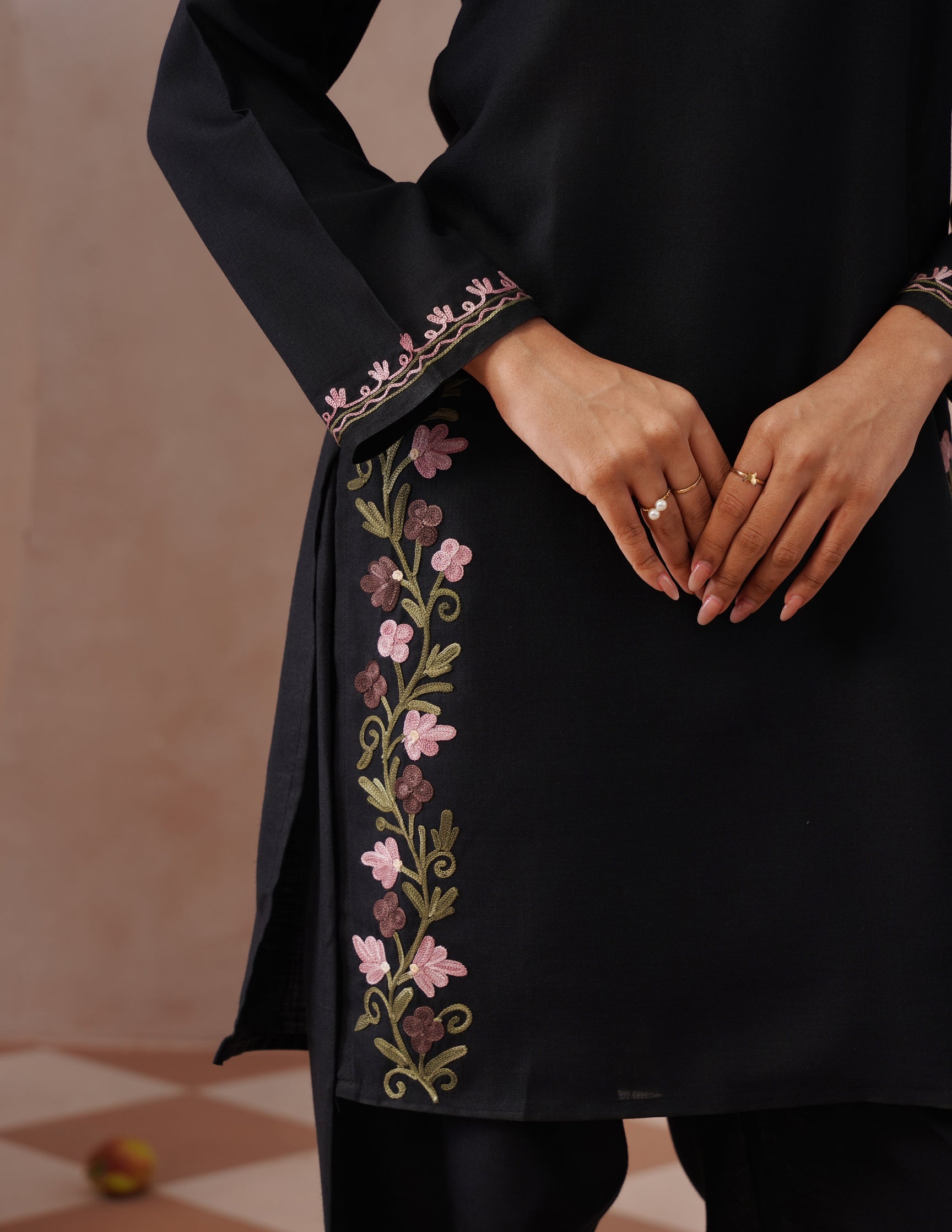 Black Cotton Coordset – Lavender & Green Aari Embroidery | Office Ethnic Wear - Kashmir Box