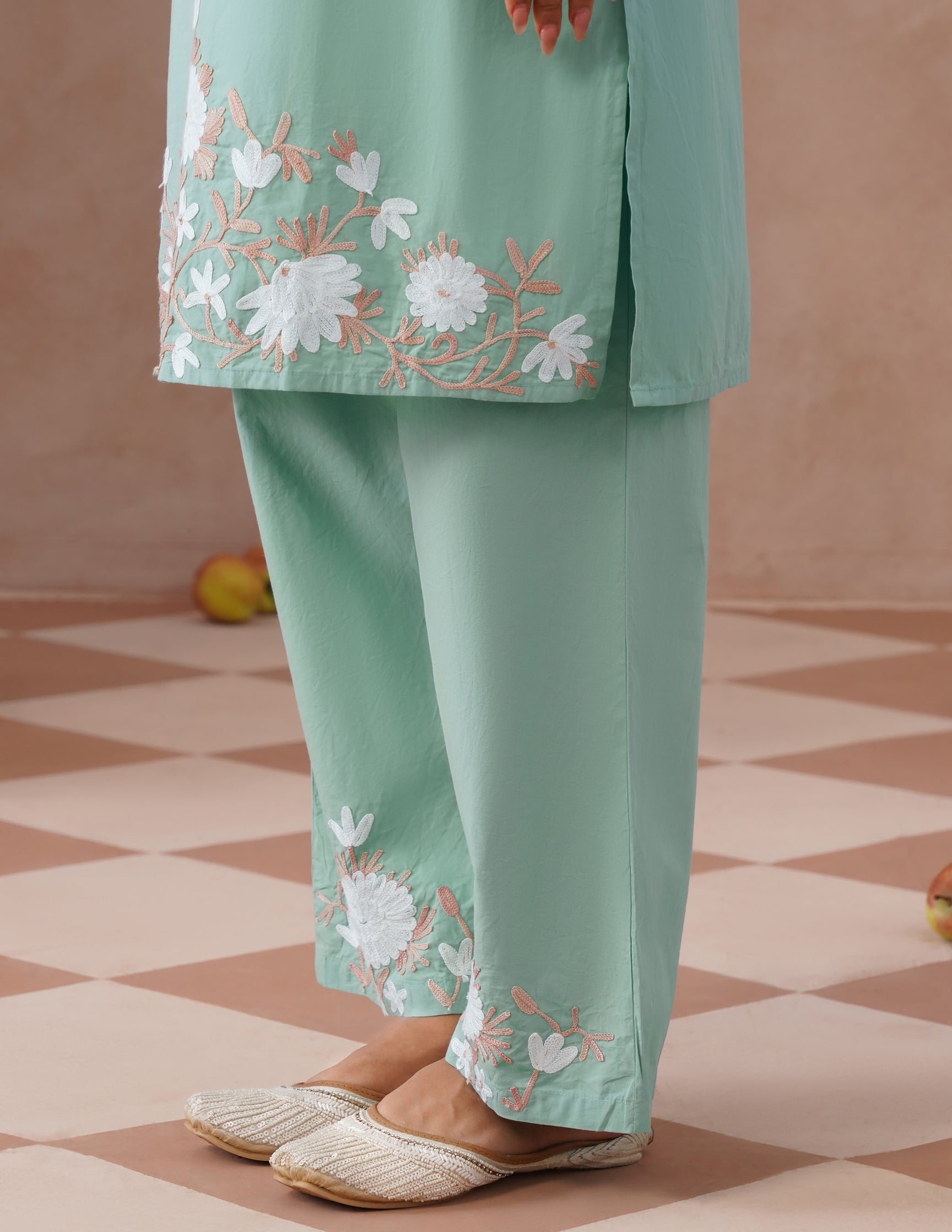 Light Green Poplin Coordset – White & Fawn Aari Work | Casual Ethnic Wear - Kashmir Box