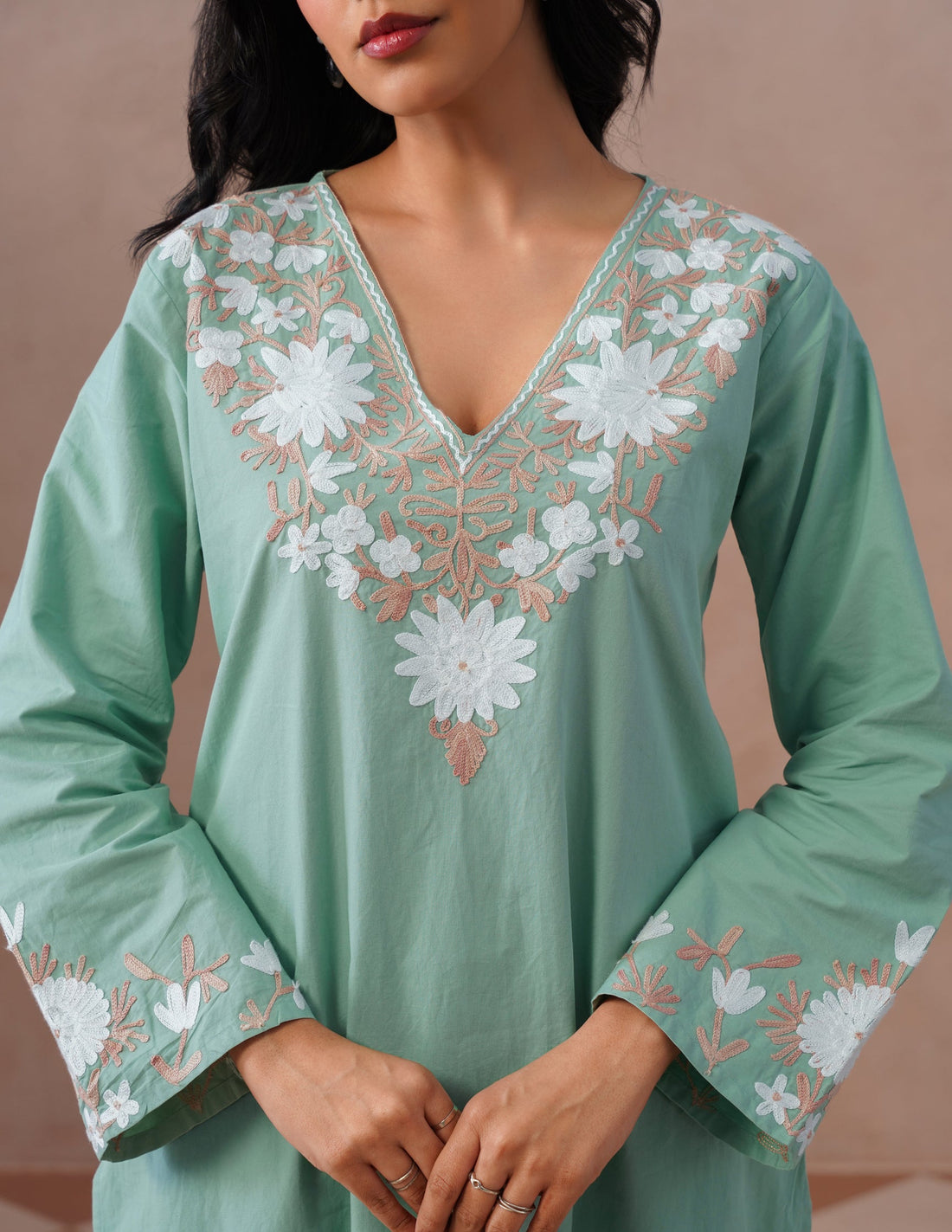 Light Green Poplin Coordset – White & Fawn Aari Work | Casual Ethnic Wear - Kashmir Box