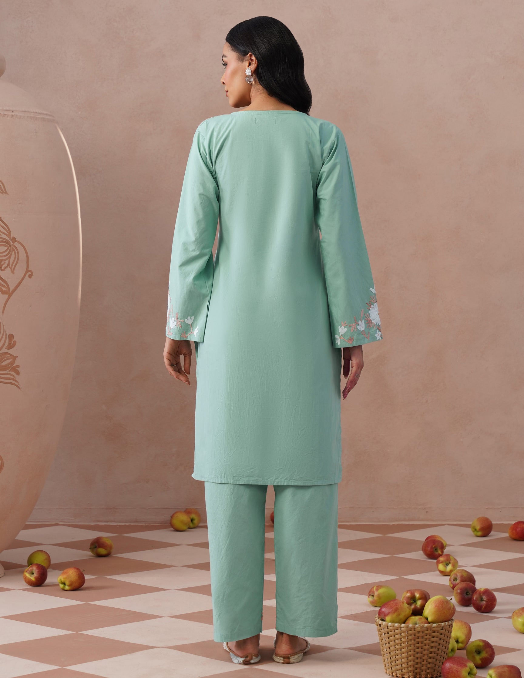 Light Green Poplin Coordset – White & Fawn Aari Work | Casual Ethnic Wear - Kashmir Box