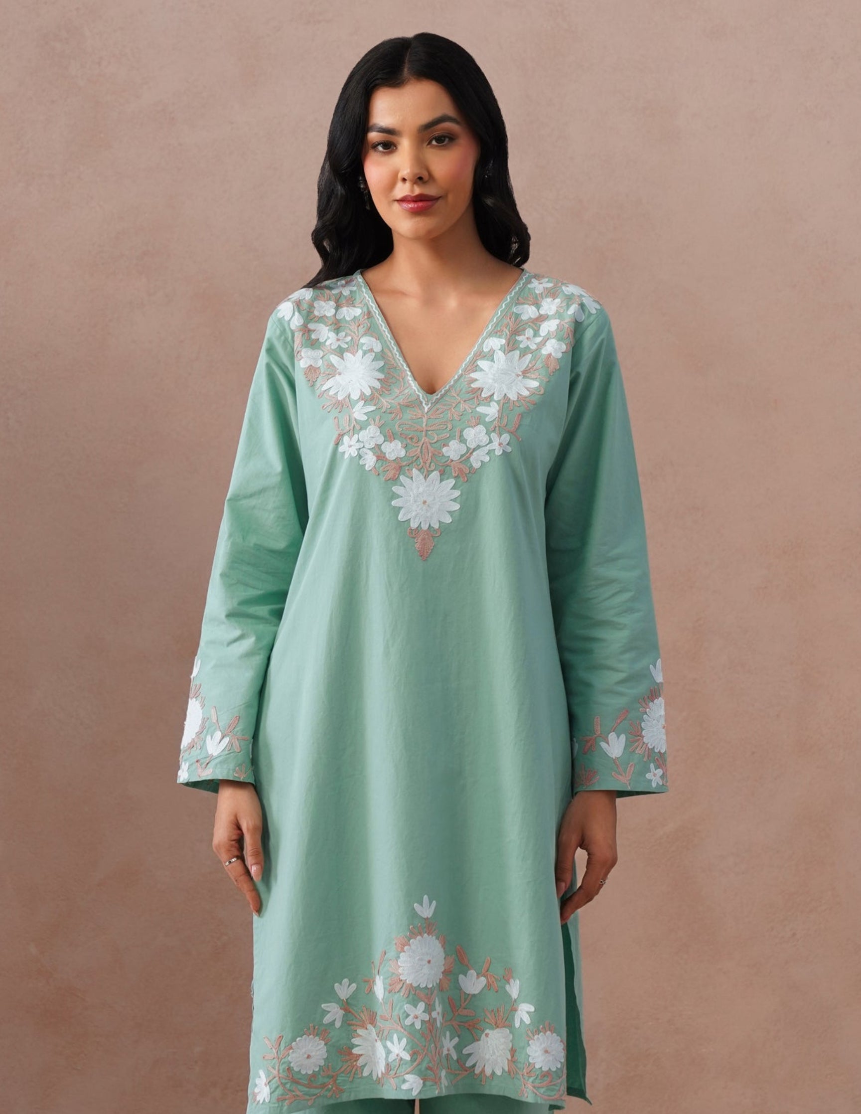 Light Green Poplin Coordset – White & Fawn Aari Work | Casual Ethnic Wear - Kashmir Box