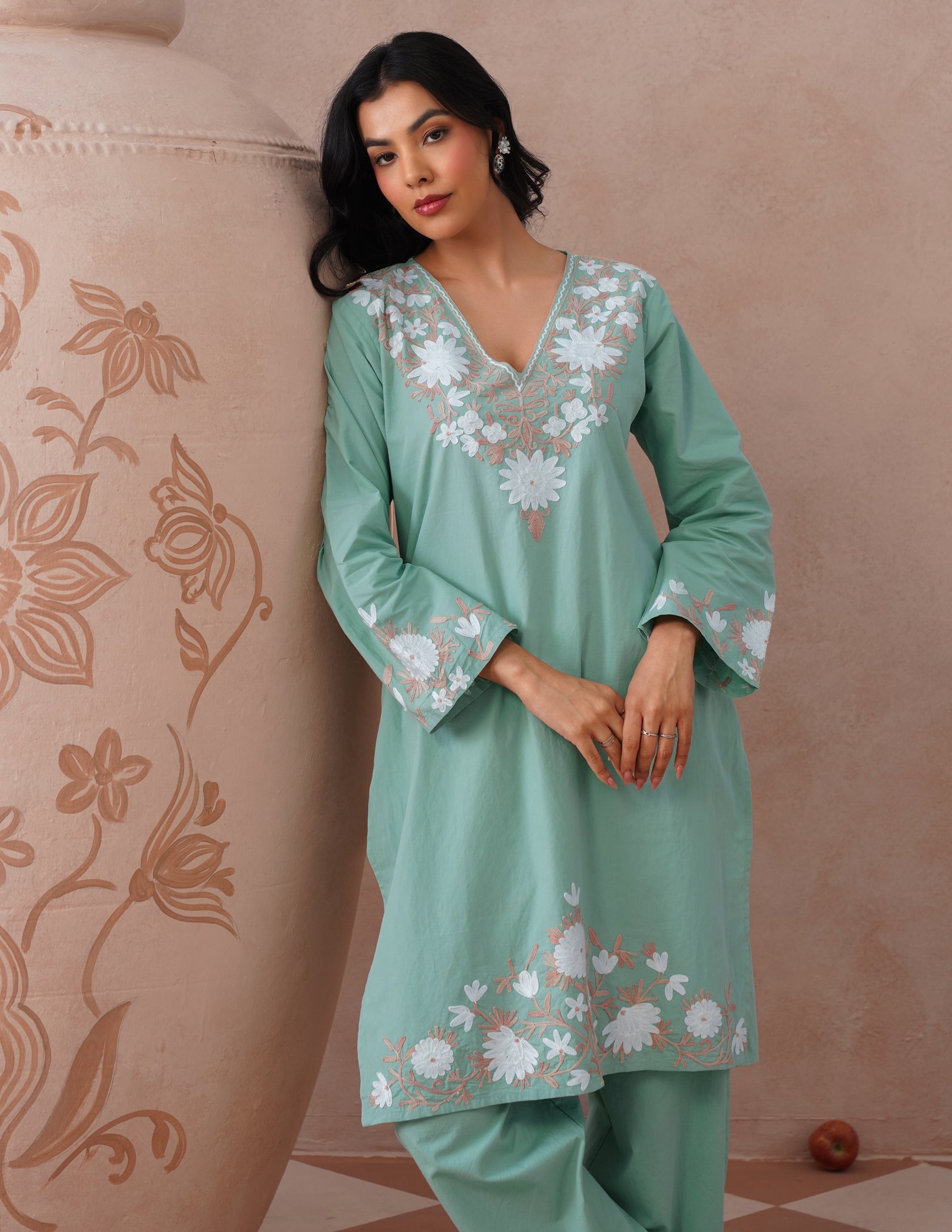 Light Green Poplin Coordset – White & Fawn Aari Work | Casual Ethnic Wear - Kashmir Box