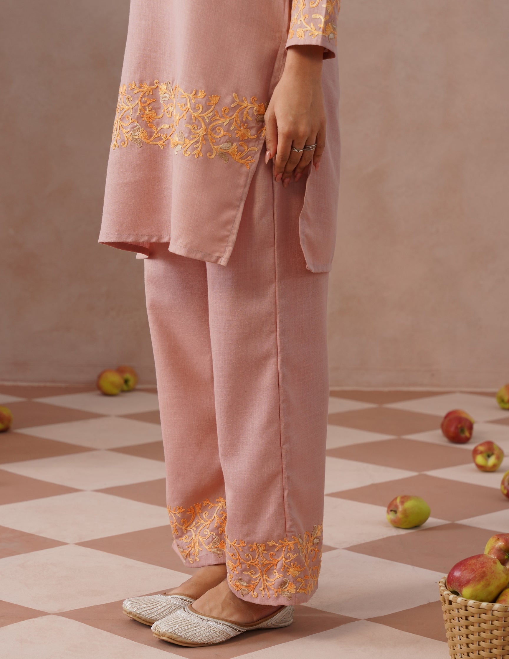 Dusky Pink Cotton Coordset – Green & Golden Aari Embroidery | Office & Casual Ethnic Wear - Kashmir Box