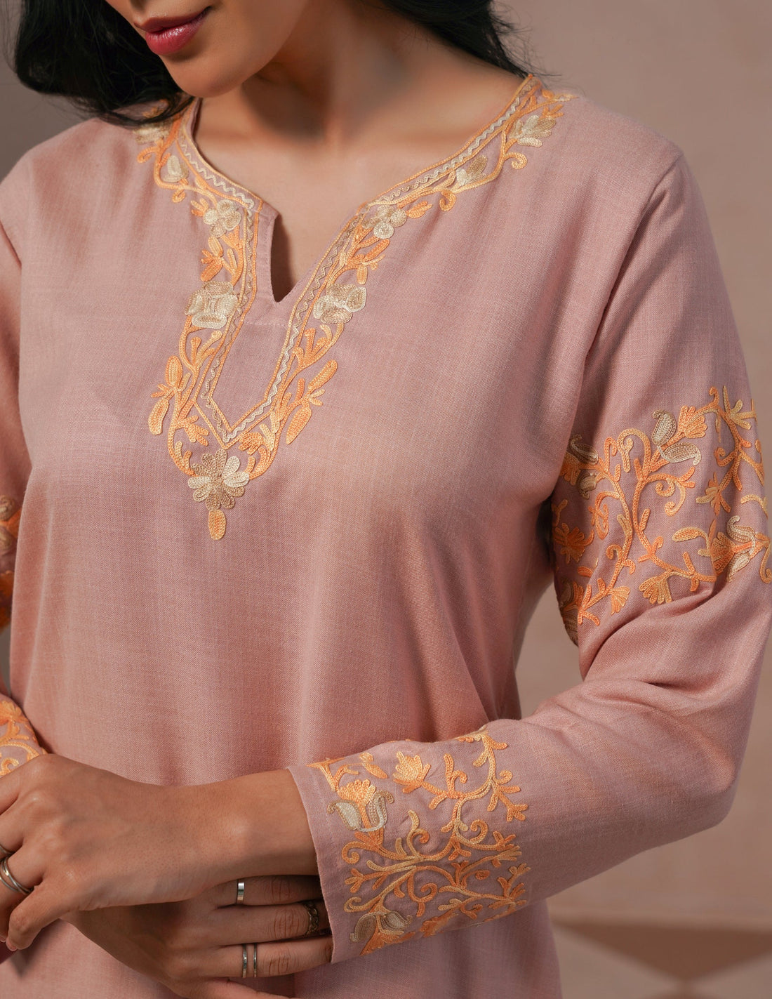Dusky Pink Cotton Coordset – Green & Golden Aari Embroidery | Office & Casual Ethnic Wear - Kashmir Box