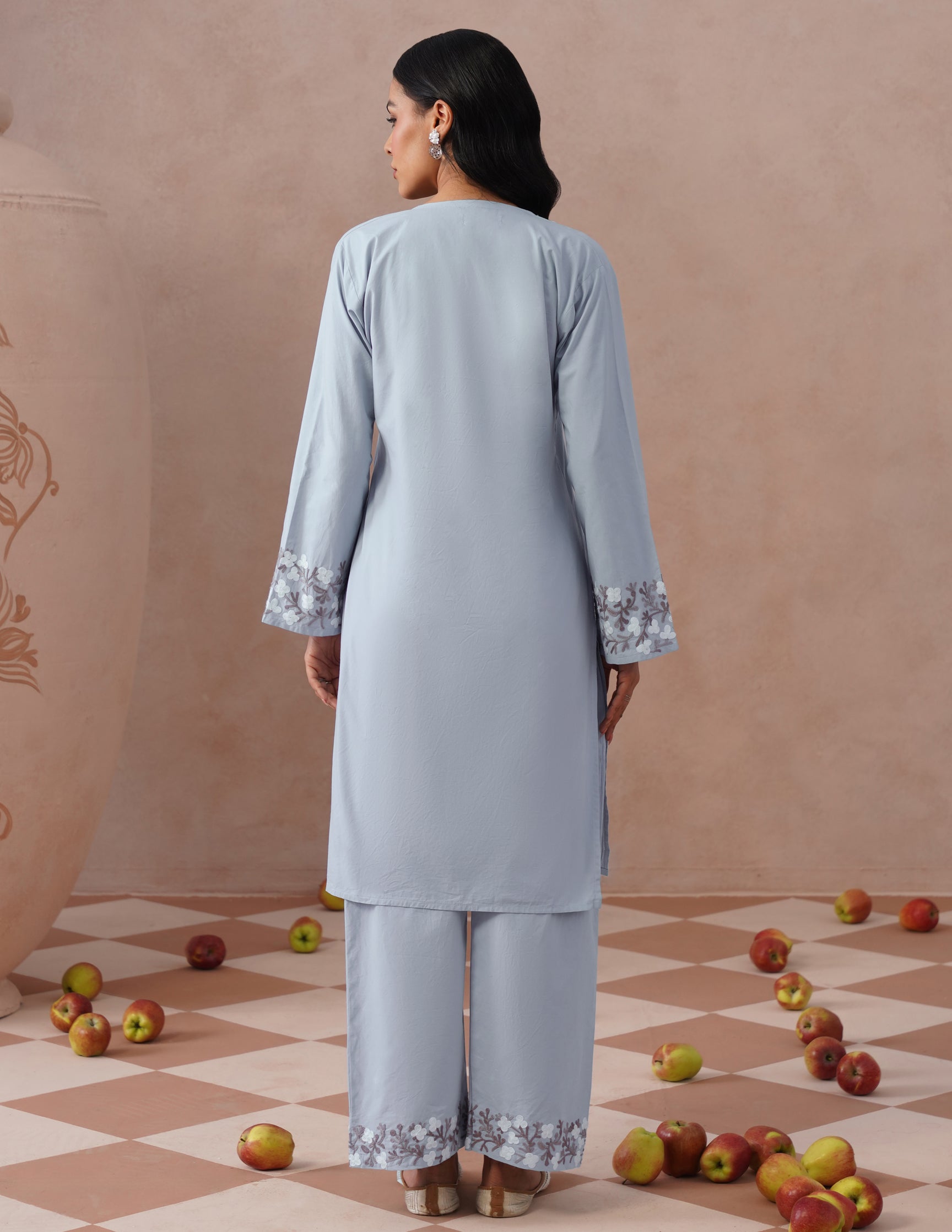 Light Blue Poplin Coordset – Brown & White Aari Embroidery | Office Ethnic Wear - Kashmir Box