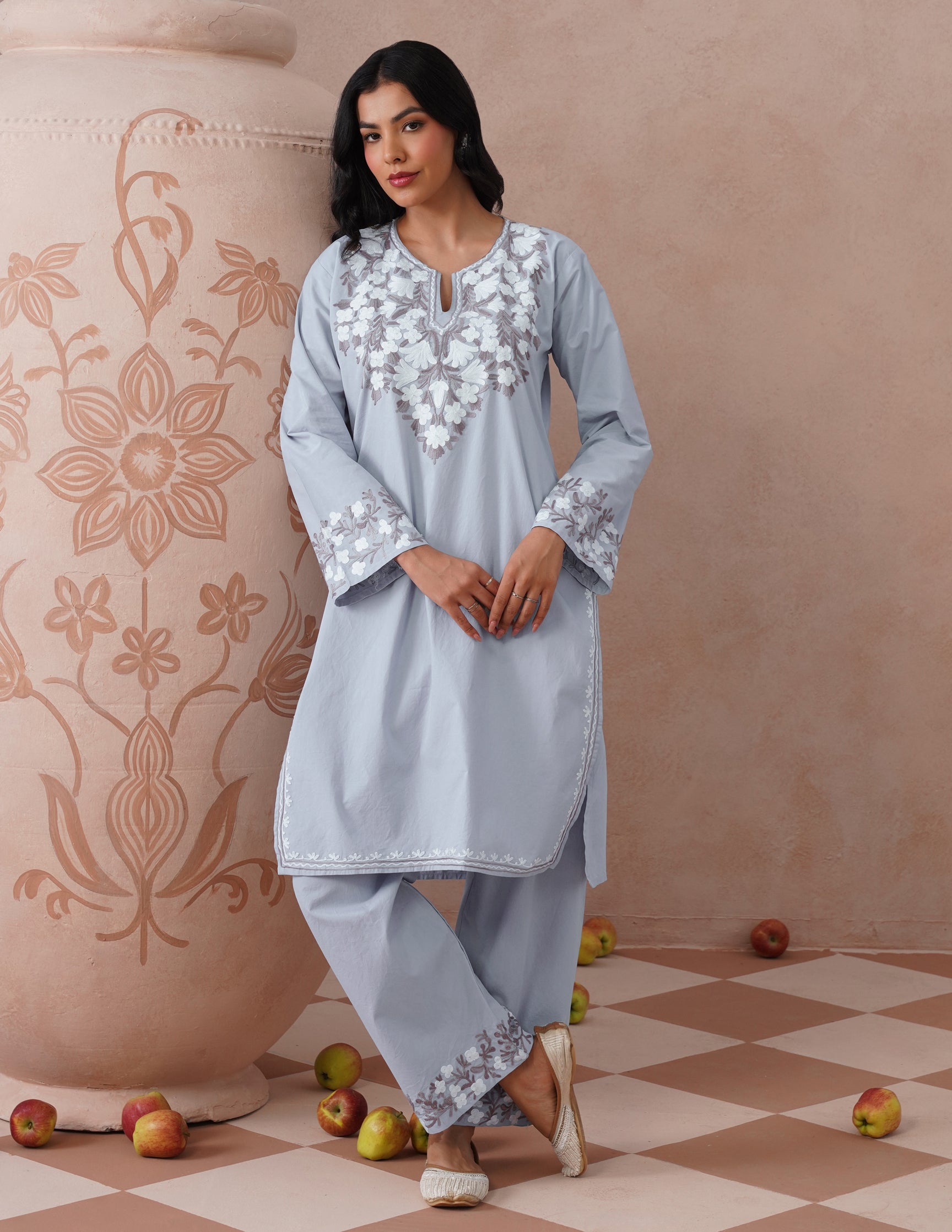 Light Blue Poplin Coordset – Brown & White Aari Embroidery | Office Ethnic Wear - Kashmir Box