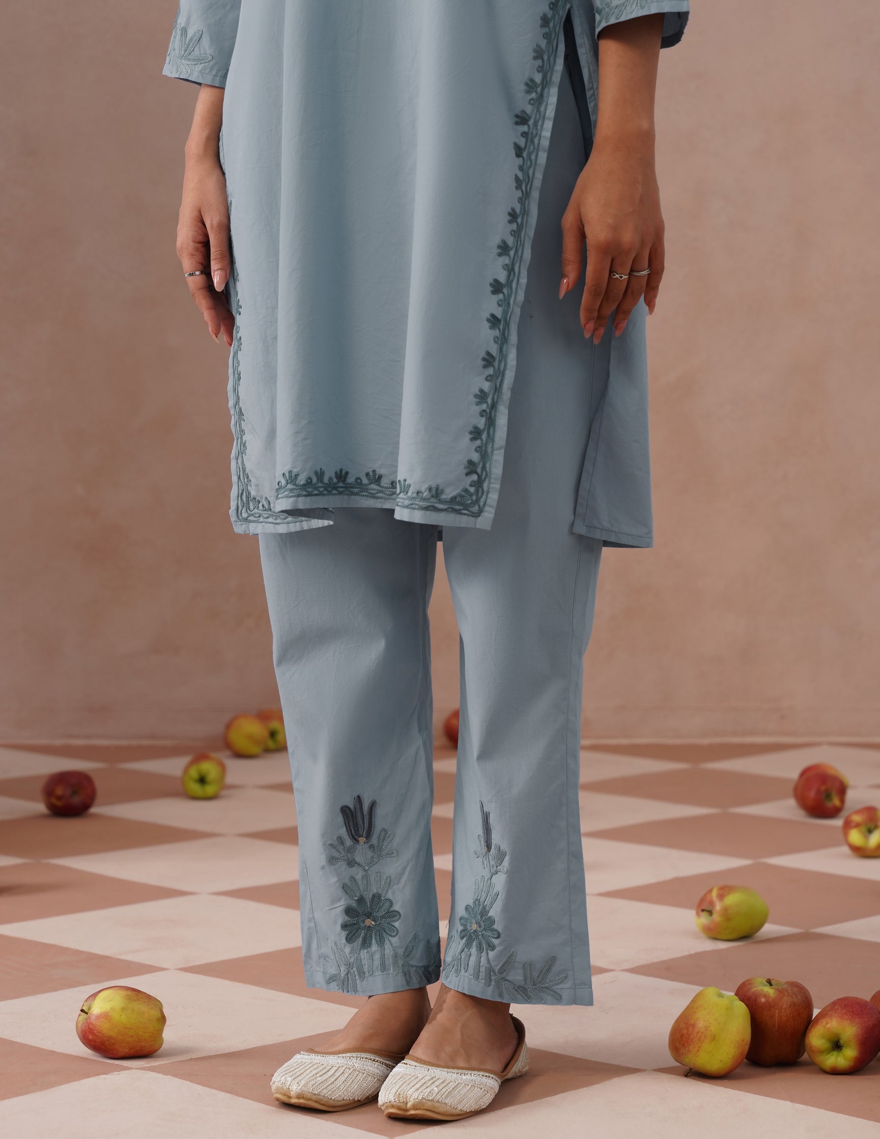 Light Blue Poplin Coordset – Grey & Green Aari Embroidery | Monochrome Ethnic Wear - Kashmir Box