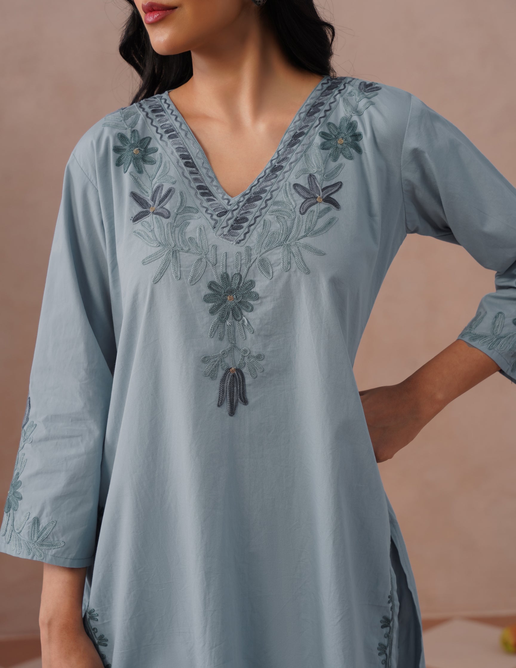 Light Blue Poplin Coordset – Grey & Green Aari Embroidery | Monochrome Ethnic Wear - Kashmir Box